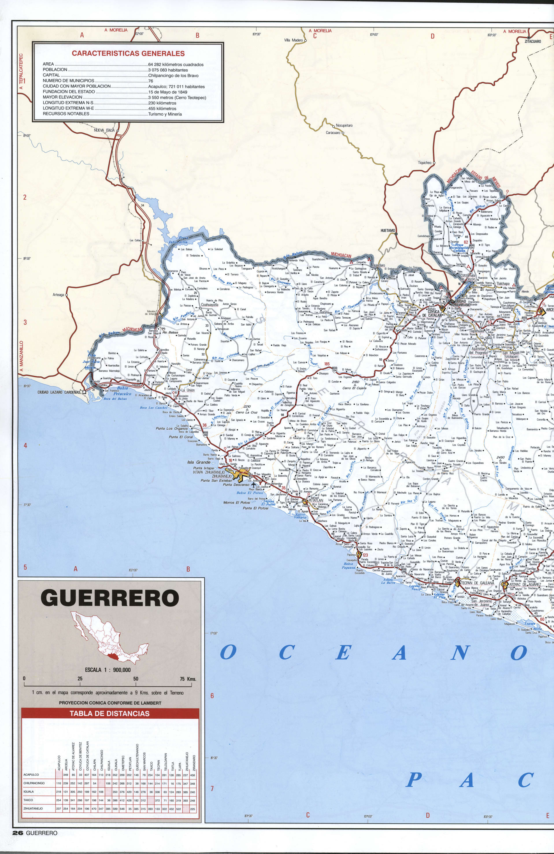 Guerrero state map western part. Detailed map of the Mexican state of Guerrero with roads, cities, villages Guerrero state map western part. Detailed map of the Mexican state of Guerrero with roads, cities, villages