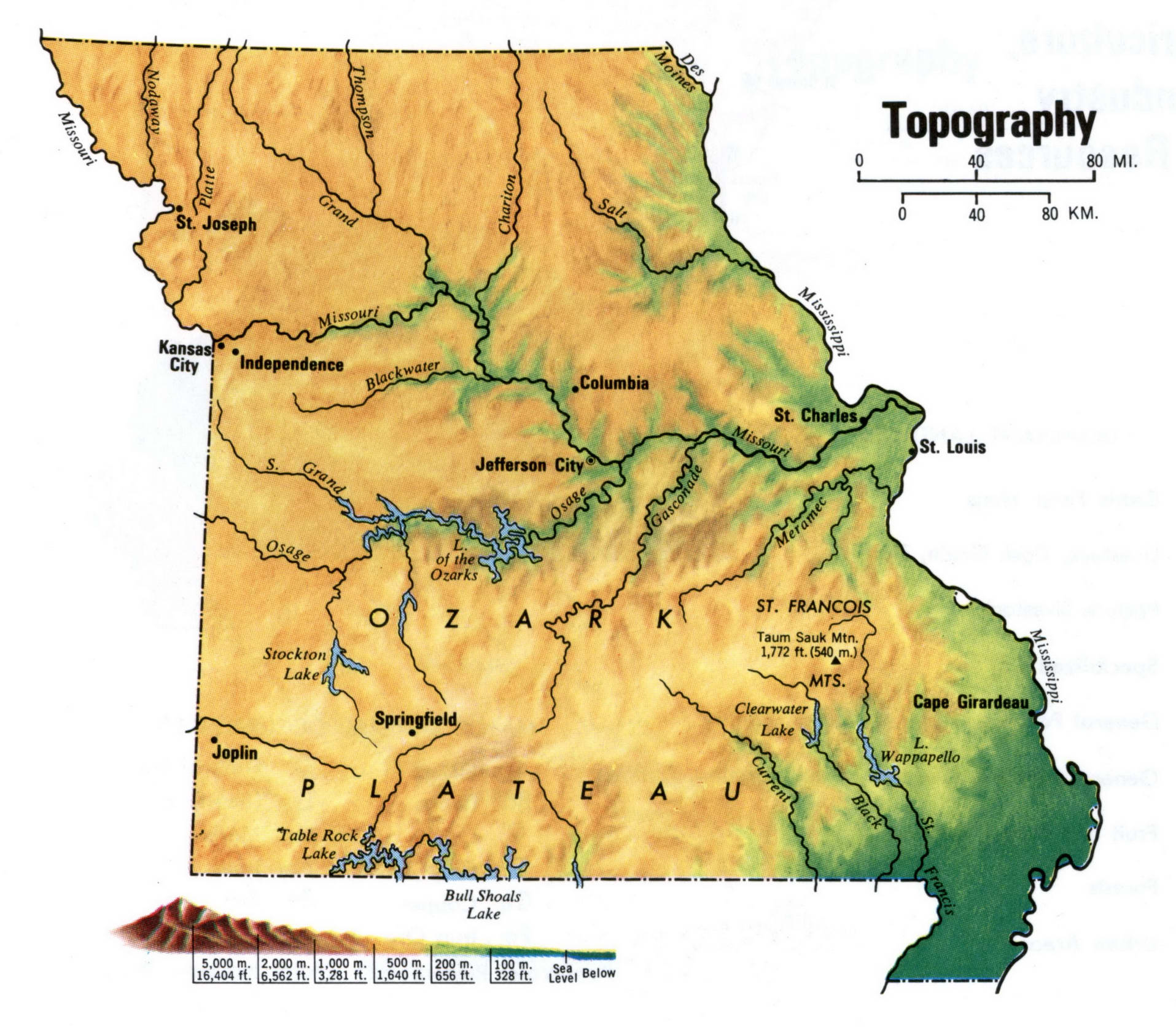 Missouri topographical map. Topo map of Missouri with terrain features. Missouri topographical map. Topo map of Missouri with terrain features.