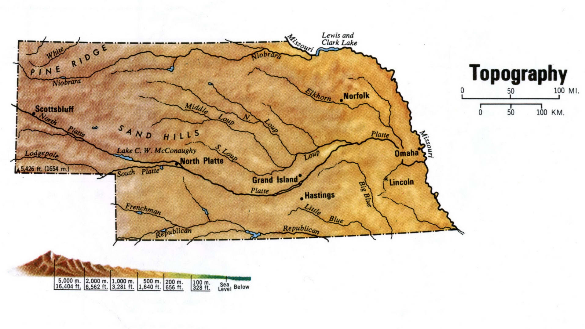 Nebraska topographical map. Topo map of Nebraska with terrain features. Nebraska topographical map. Topo map of Nebraska with terrain features.