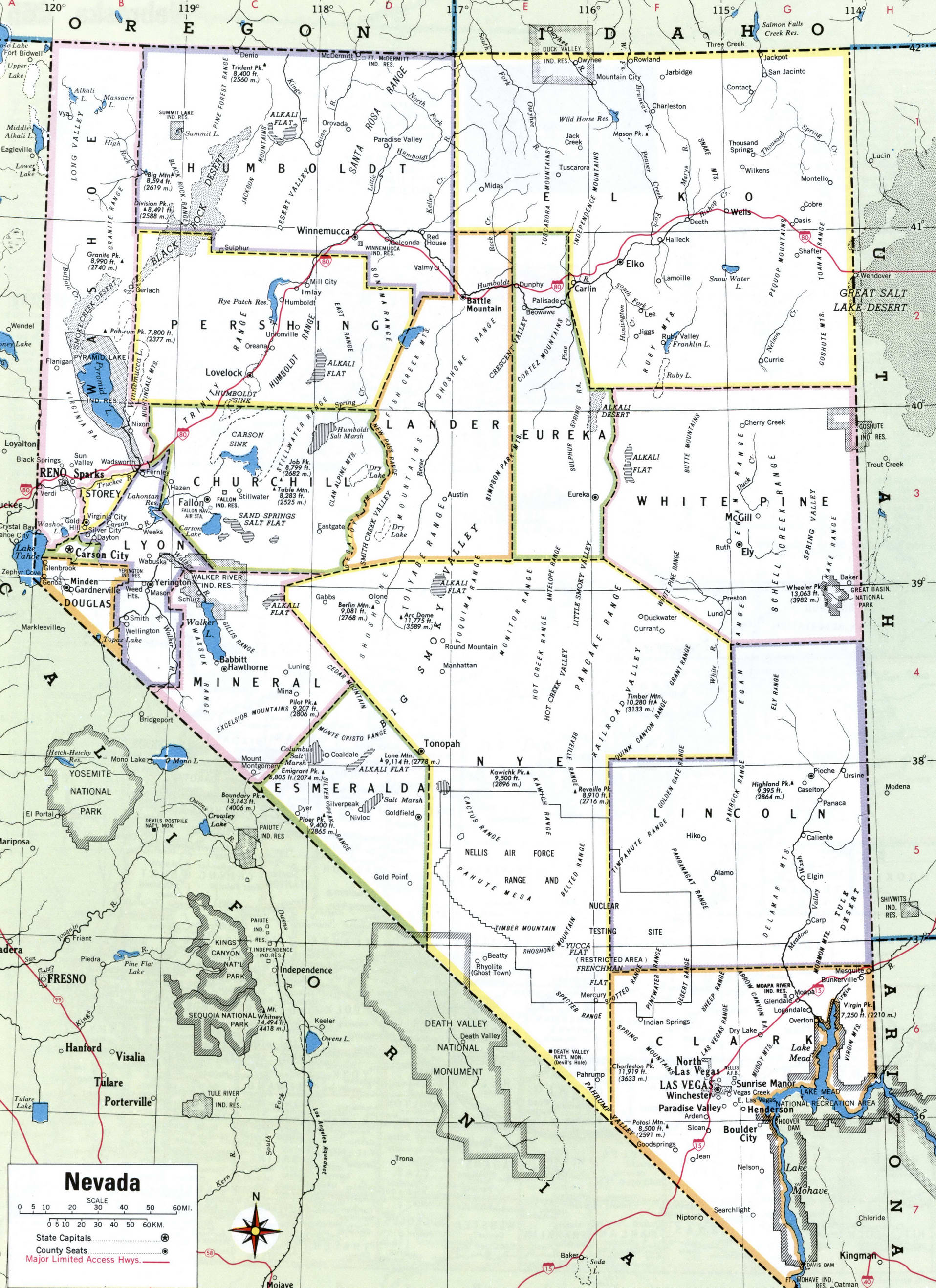Nevada counties map. Detailed map of Nevada's counties with cities and villages Nevada counties map. Detailed map of Nevada's counties with cities and villages