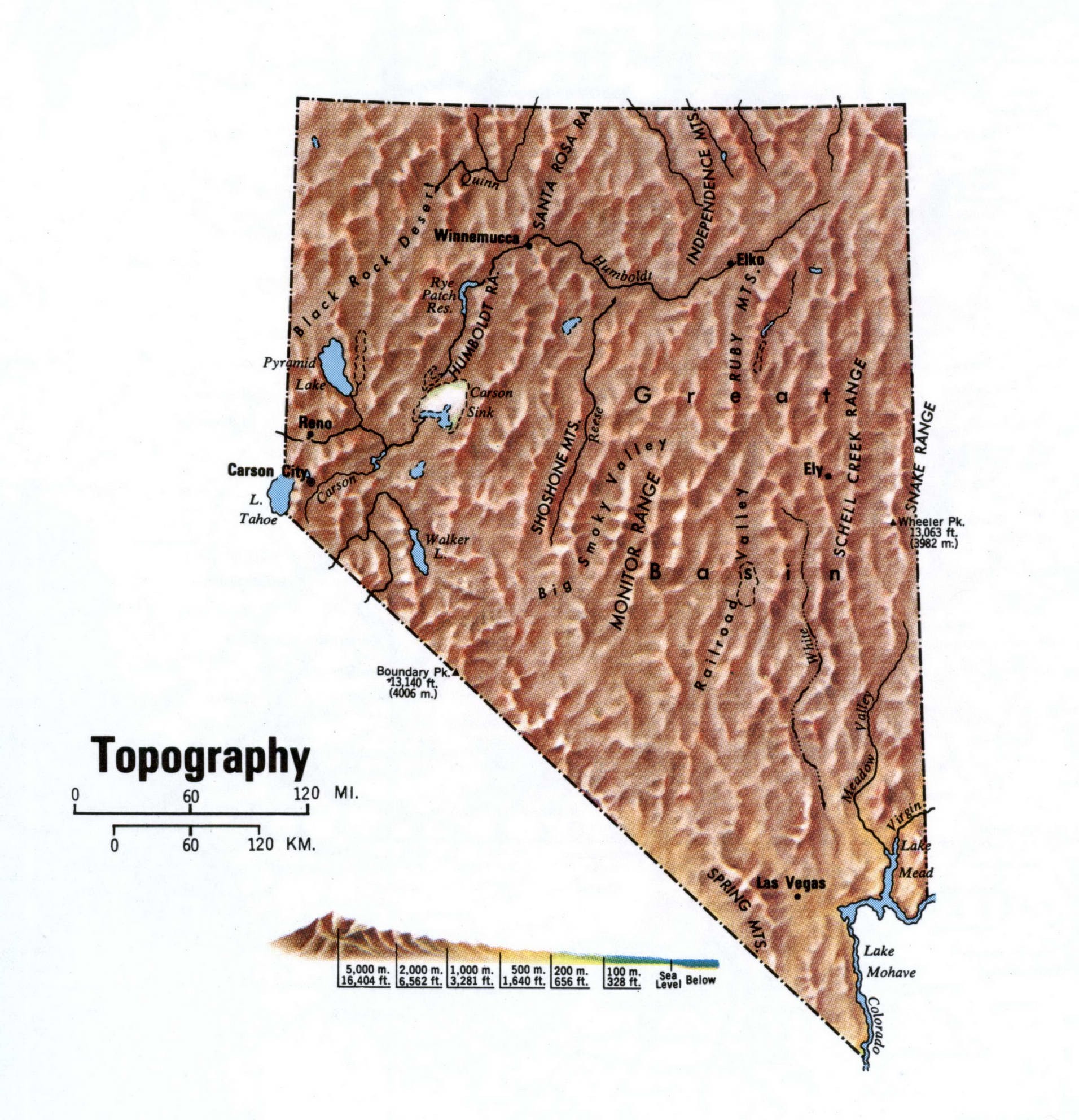 Nevada topographical map. Topo map of Nevada with terrain features. Nevada topographical map. Topo map of Nevada with terrain features.