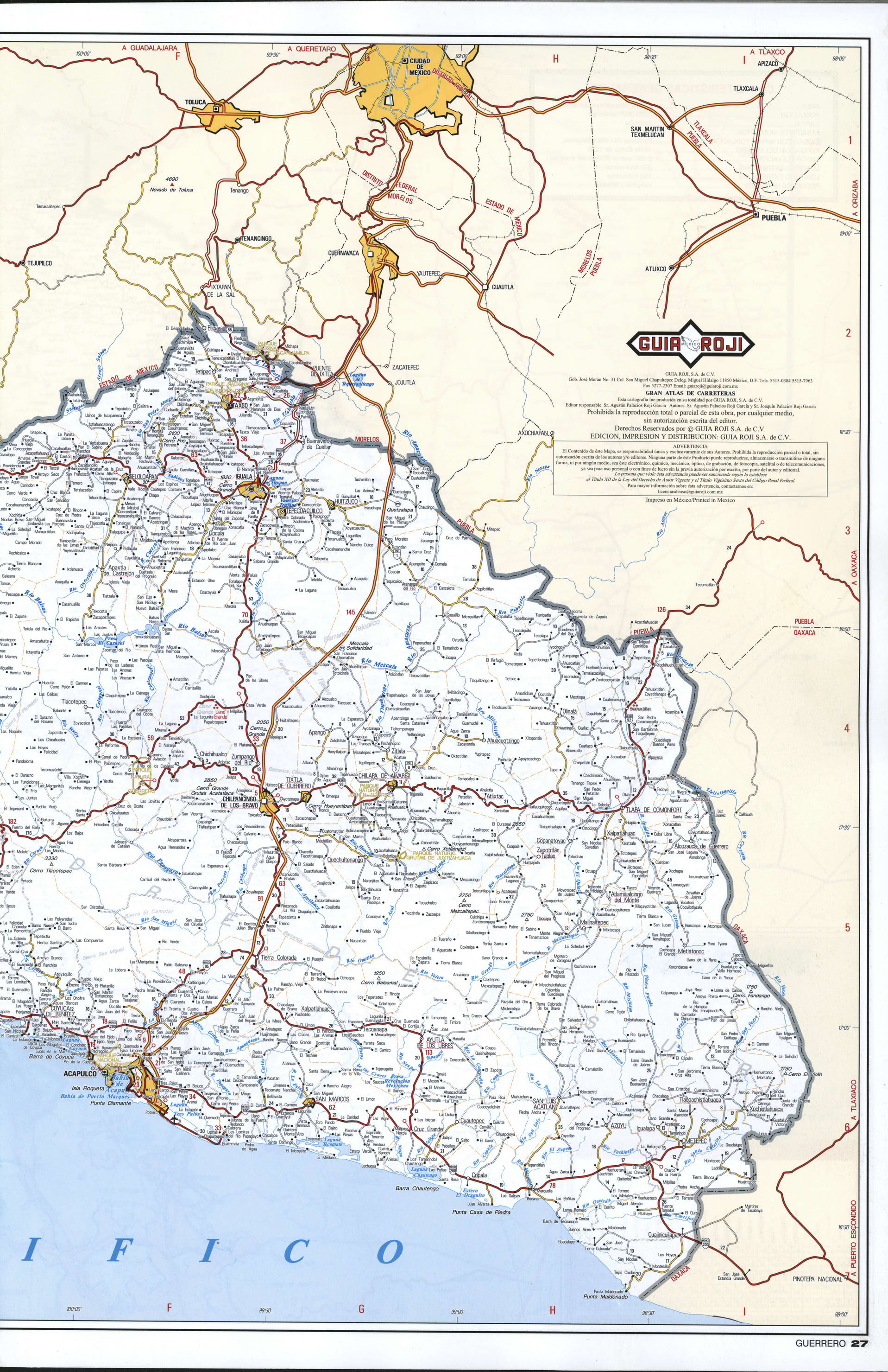 Guerrero state map eastern. Detailed map of the Mexican state of Guerrero with roads, cities, villages Guerrero state map eastern. Detailed map of the Mexican state of Guerrero with roads, cities, villages