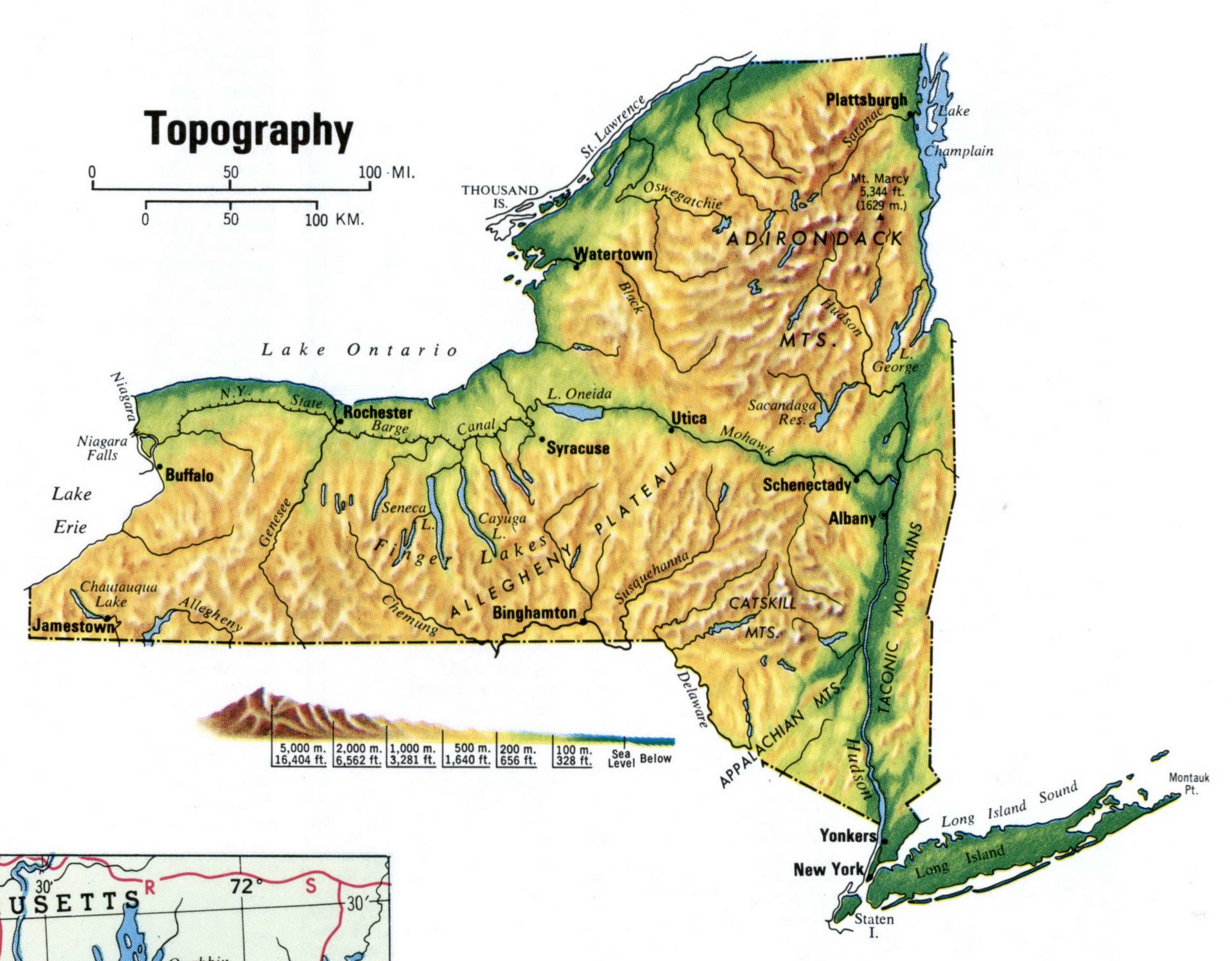 Topographical map of New York state. Topo map of New York with terrain features. Topographical map of New York state. Topo map of New York with terrain features.
