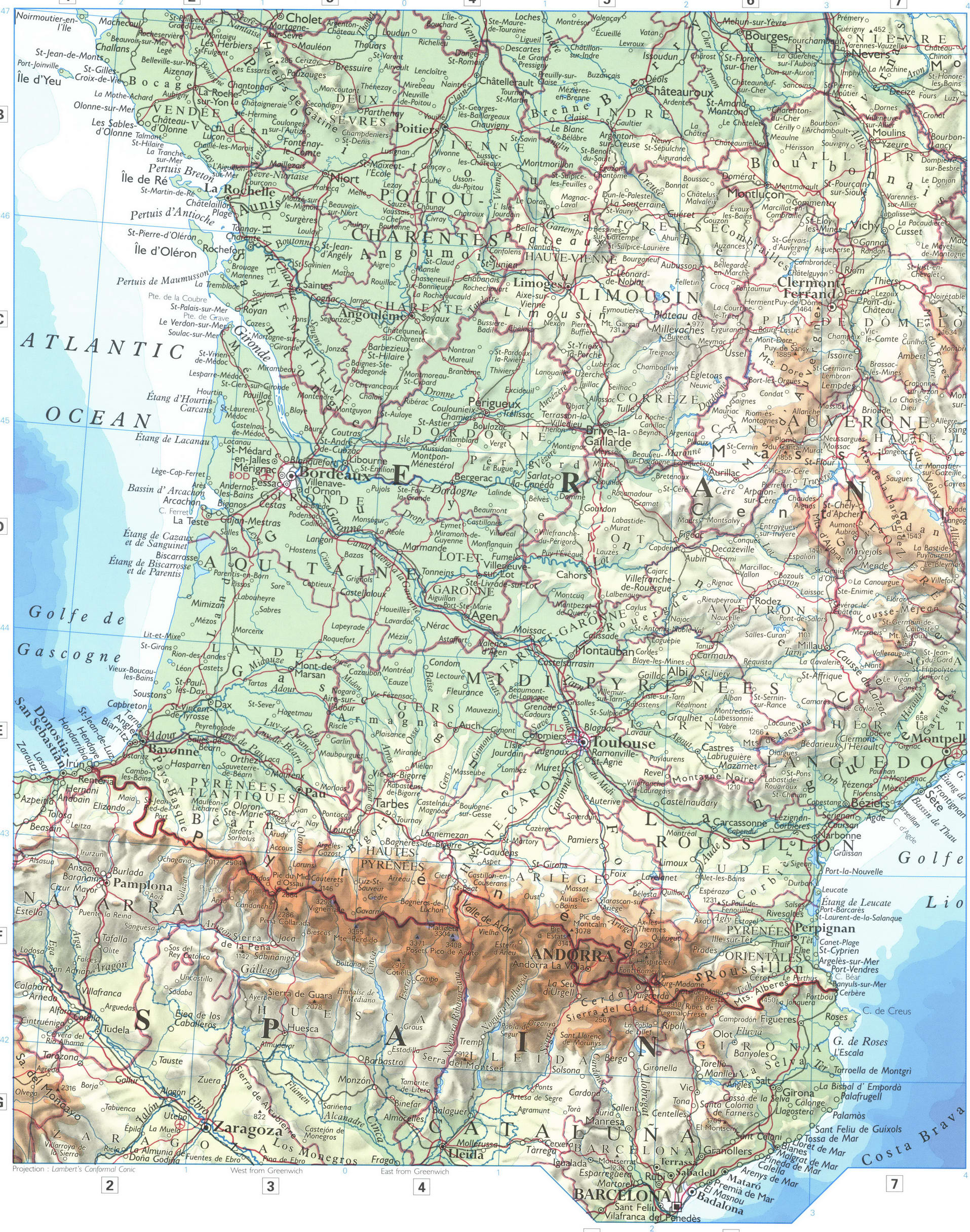 Southern France map. Detailed physical map of southern France with cities and roads Southern France map. Detailed physical map of southern France with cities and roads