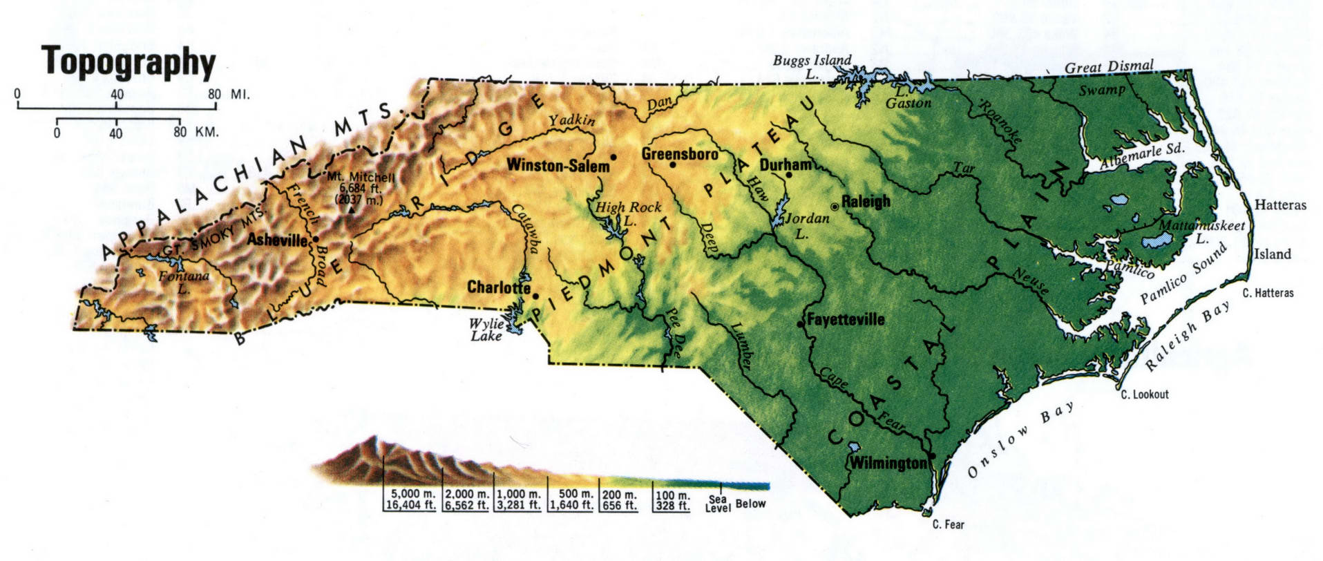 Topographic map of North Carolina. Topo map of North Carolina with terrain features. Topographic map of North Carolina. Topo map of North Carolina with terrain features.