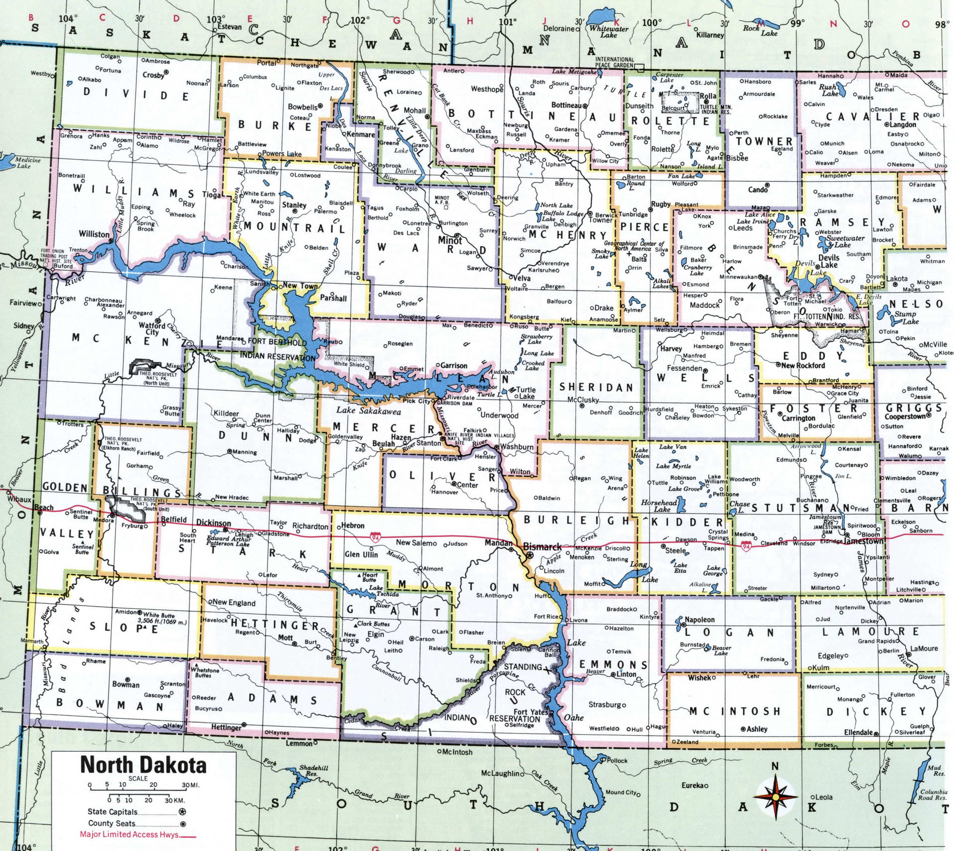 North Dacota counties map. Detailed map of North Dacota's counties with cities and villages North Dacota counties map. Detailed map of North Dacota's counties with cities and villages