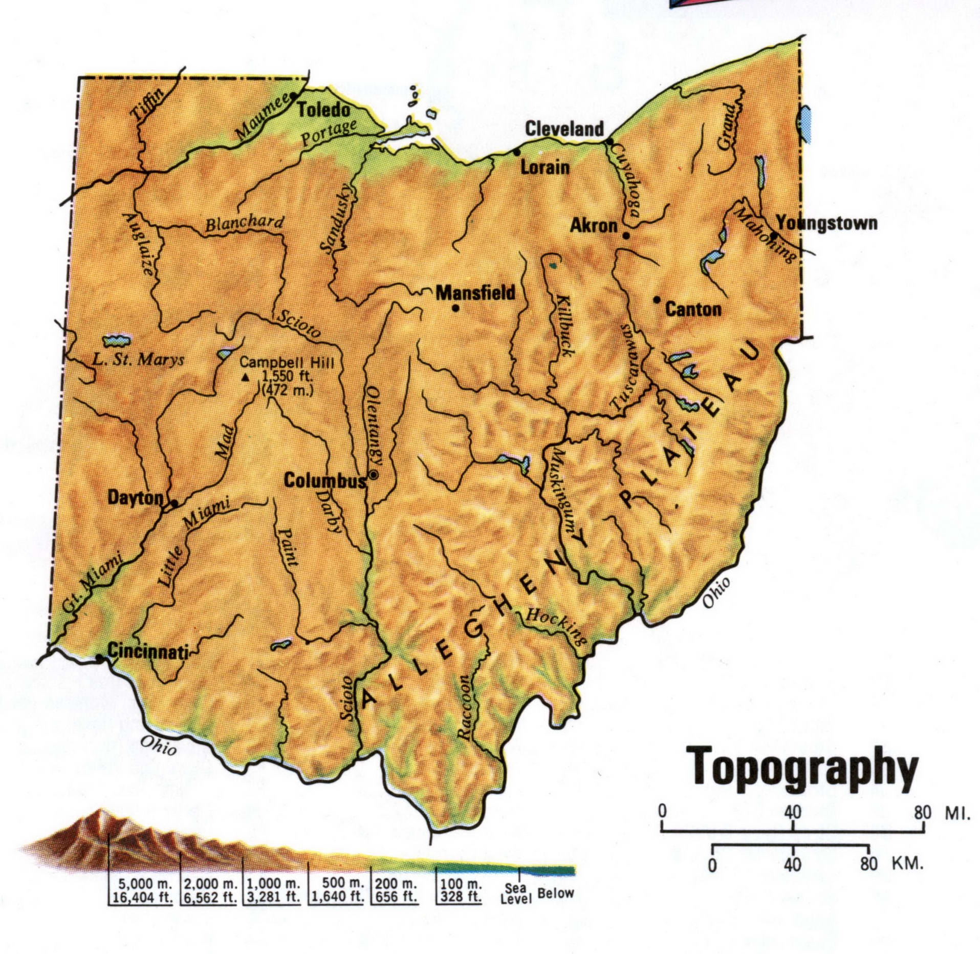 Ohio topographical map. Topo map of Ohio with terrain features. Ohio topographical map. Topo map of Ohio with terrain features.