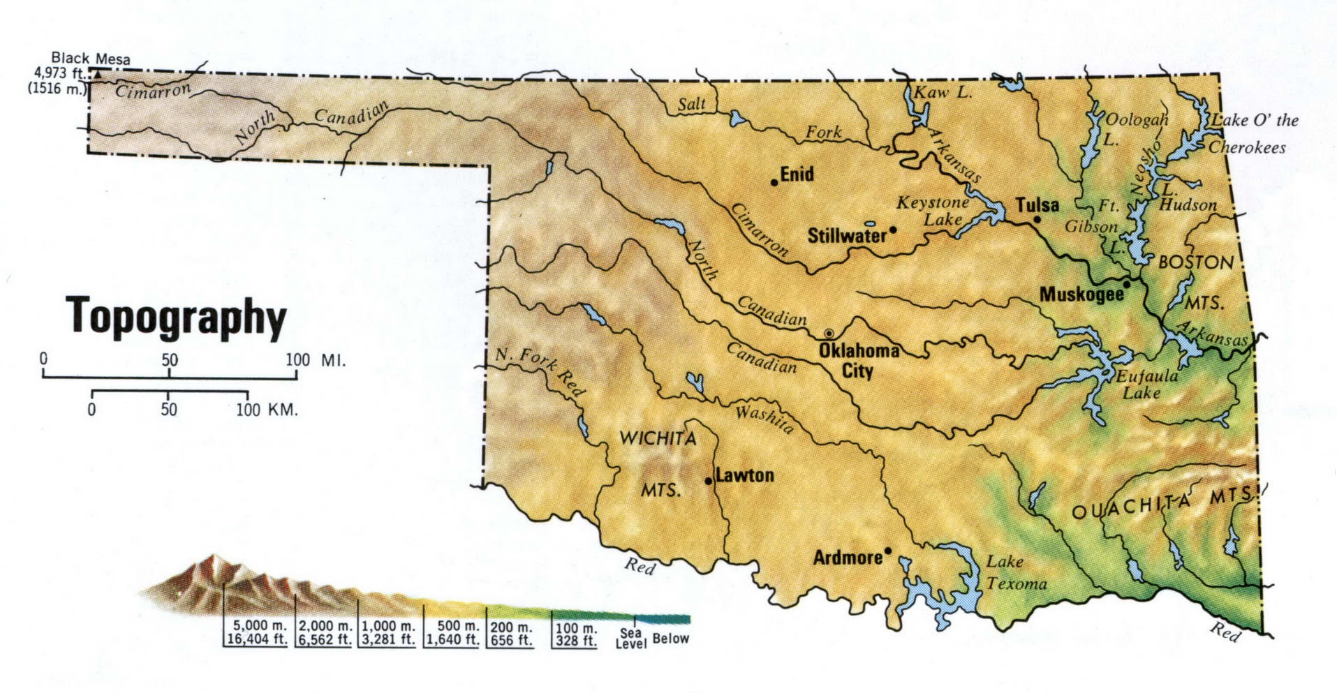 Oklahoma topographical map. Topo map of Oklahoma with terrain features. Oklahoma topographical map. Topo map of Oklahoma with terrain features.