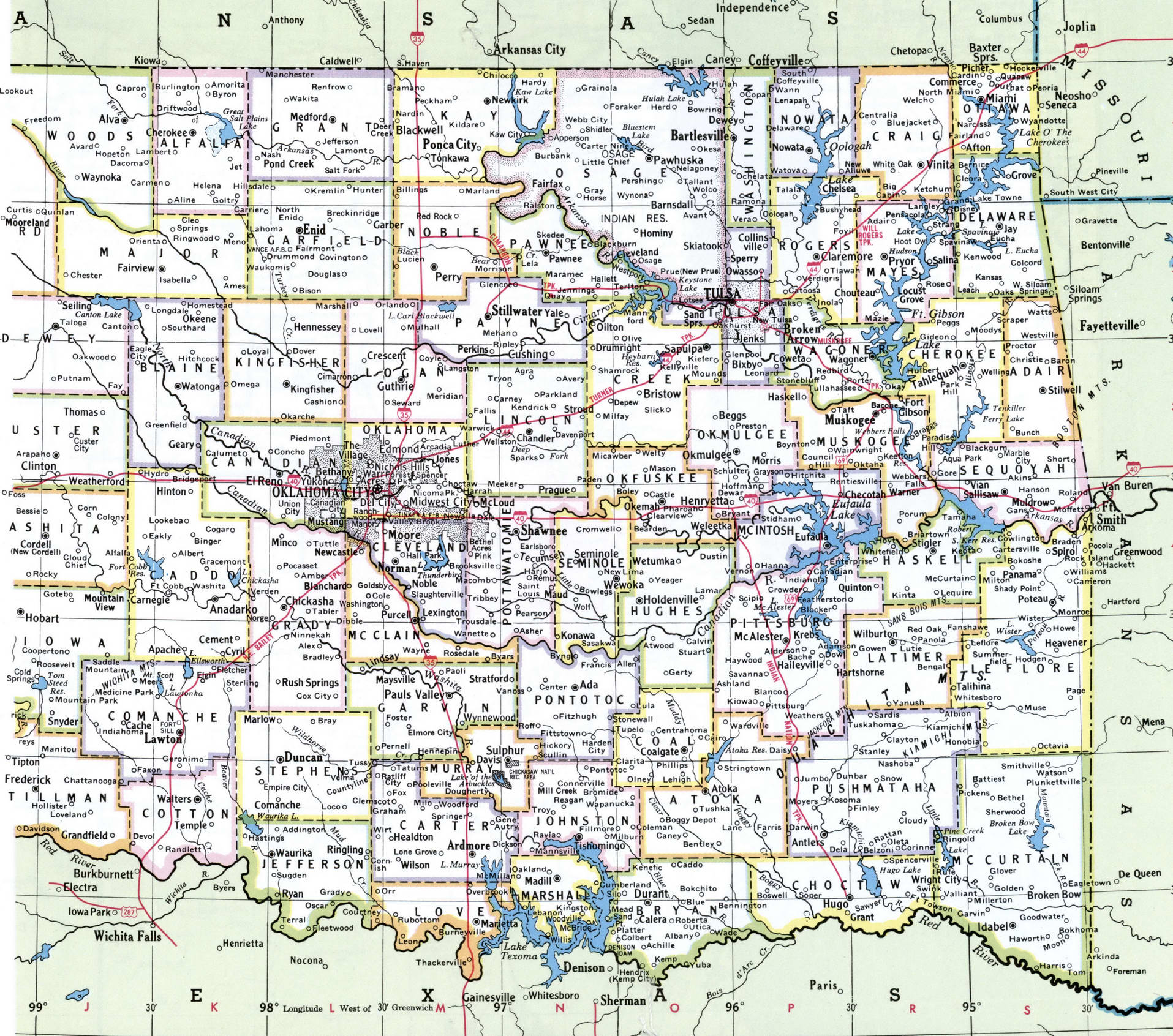 Oklahoma counties map. Detailed map of Oklahoma's counties with cities and villages Oklahoma counties map. Detailed map of Oklahoma's counties with cities and villages