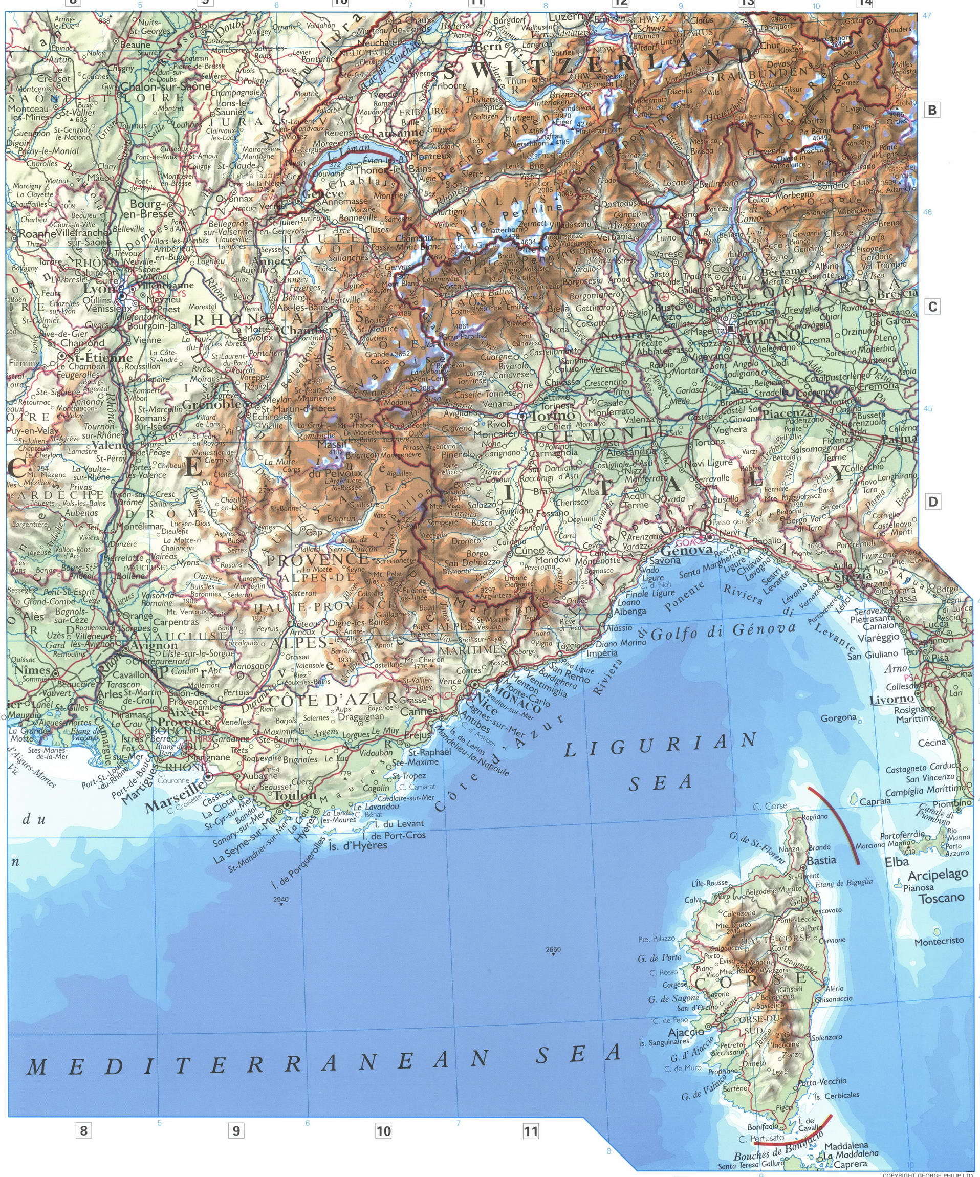Southern France detailed map. A detailed physical map of southern France and northern Italy with cities and roads. Southern France detailed map. A detailed physical map of southern France and northern Italy with cities and roads.