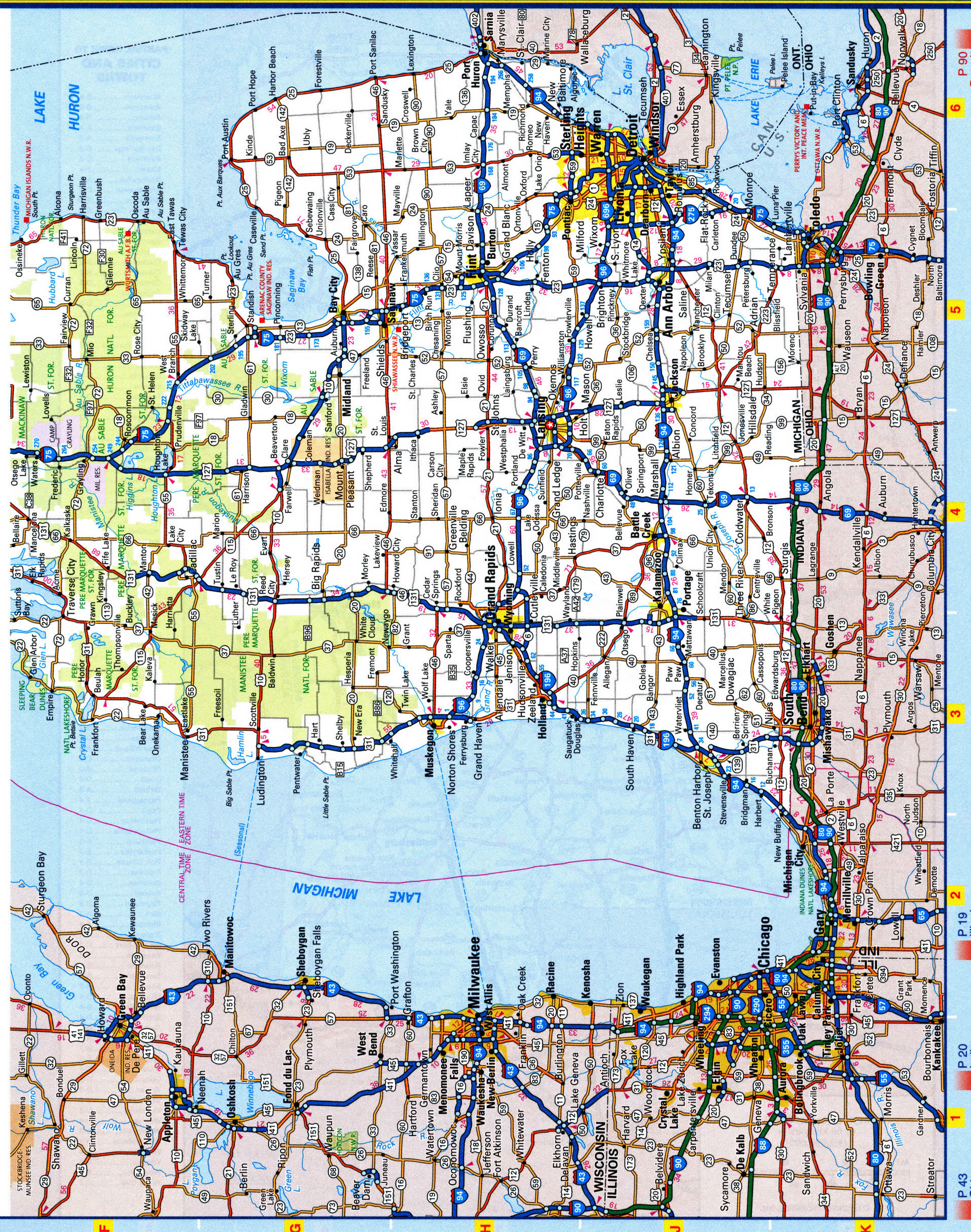 Michigan highways map. Detailed map of the Michigan highway with cities, villages, and rest areas. Michigan highways map. Detailed map of the Michigan highway with cities, villages, and rest areas.
