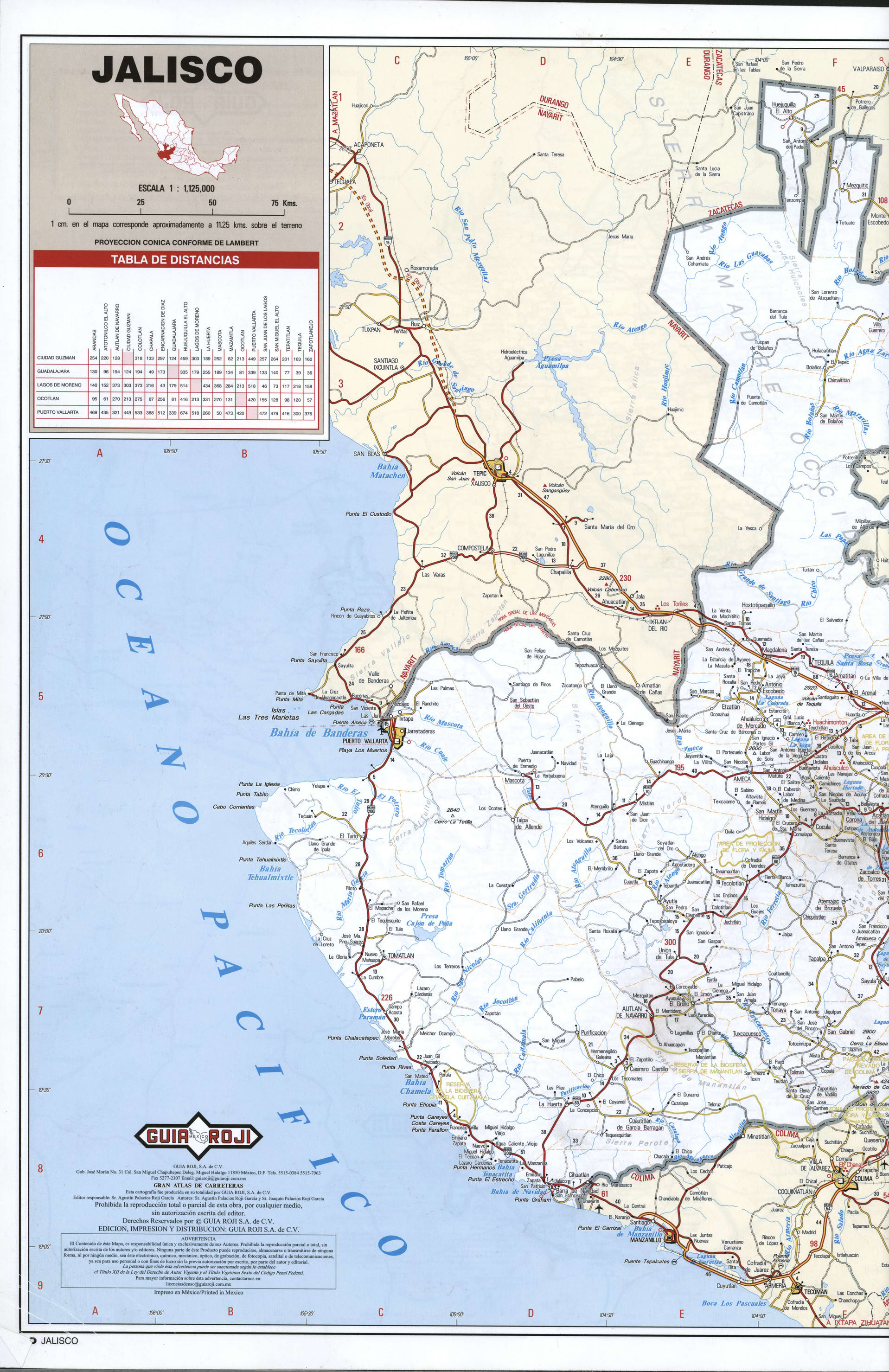 Jalisco state map western. Detailed map of the Mexican state of Jalisco with roads, cities, villages Jalisco state map western. Detailed map of the Mexican state of Jalisco with roads, cities, villages