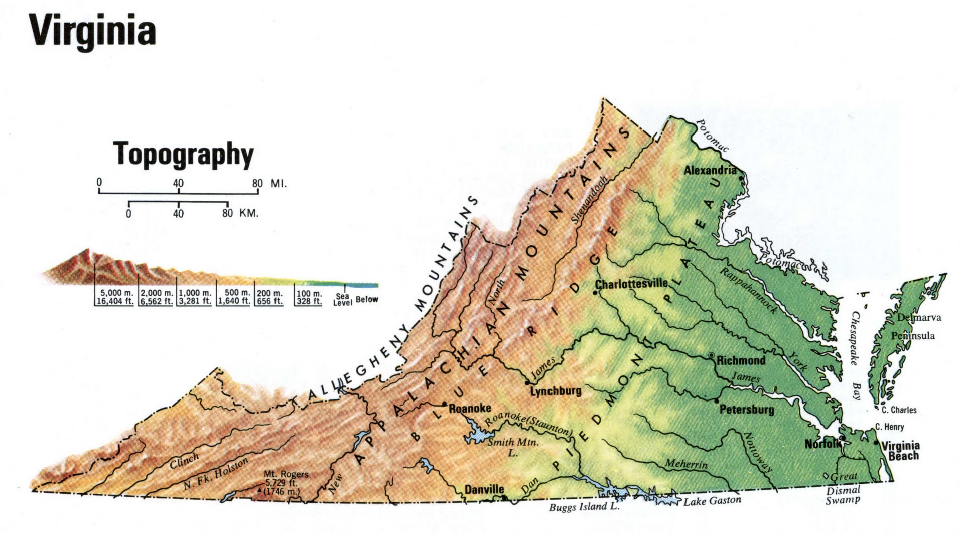 Virginia state topographic map. Topo map of Virginia with terrain features. Virginia state topographic map. Topo map of Virginia with terrain features.