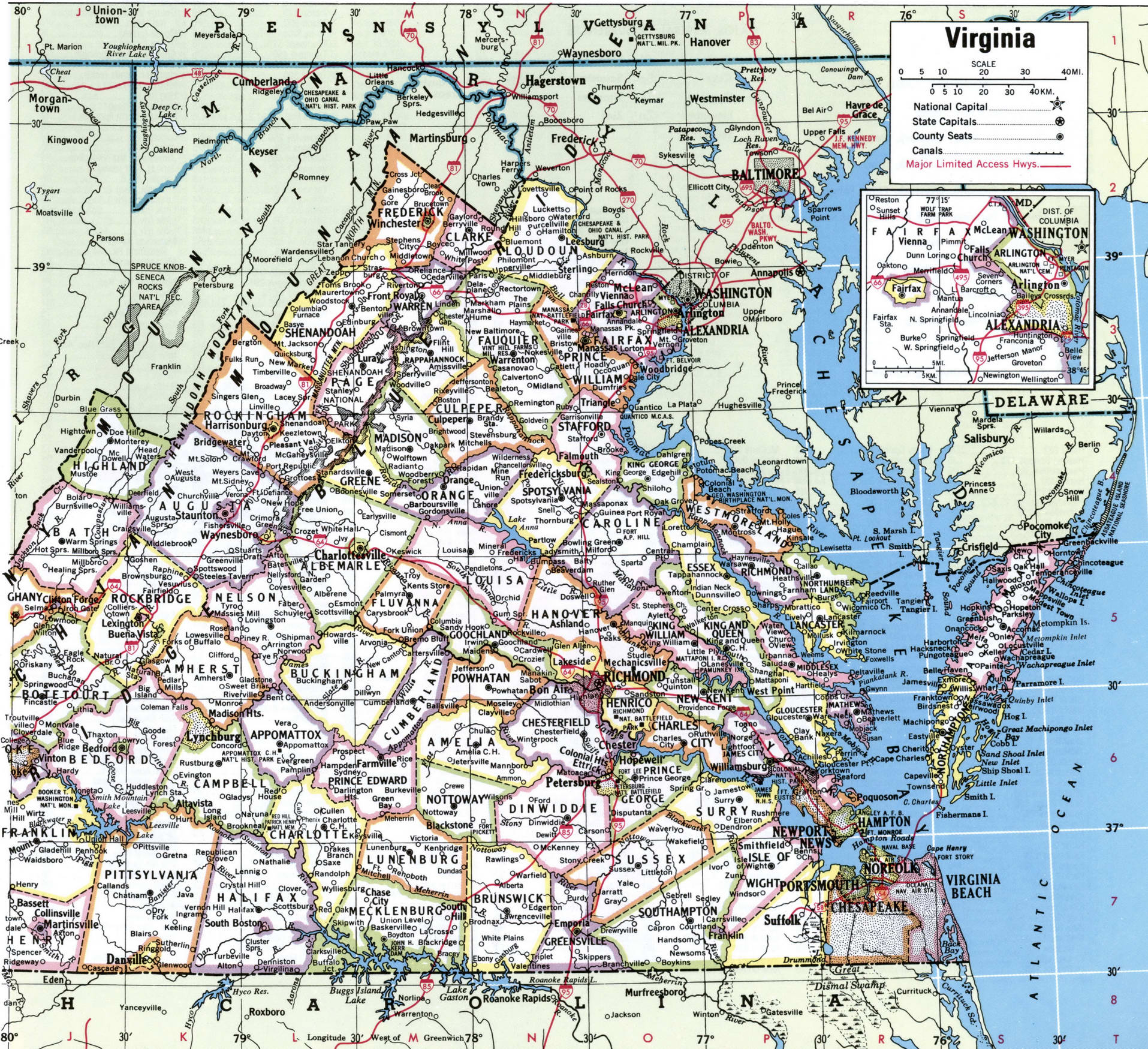 Virginia map with counties. Detailed map of Virginia's counties with cities and villages Virginia map with counties. Detailed map of Virginia's counties with cities and villages