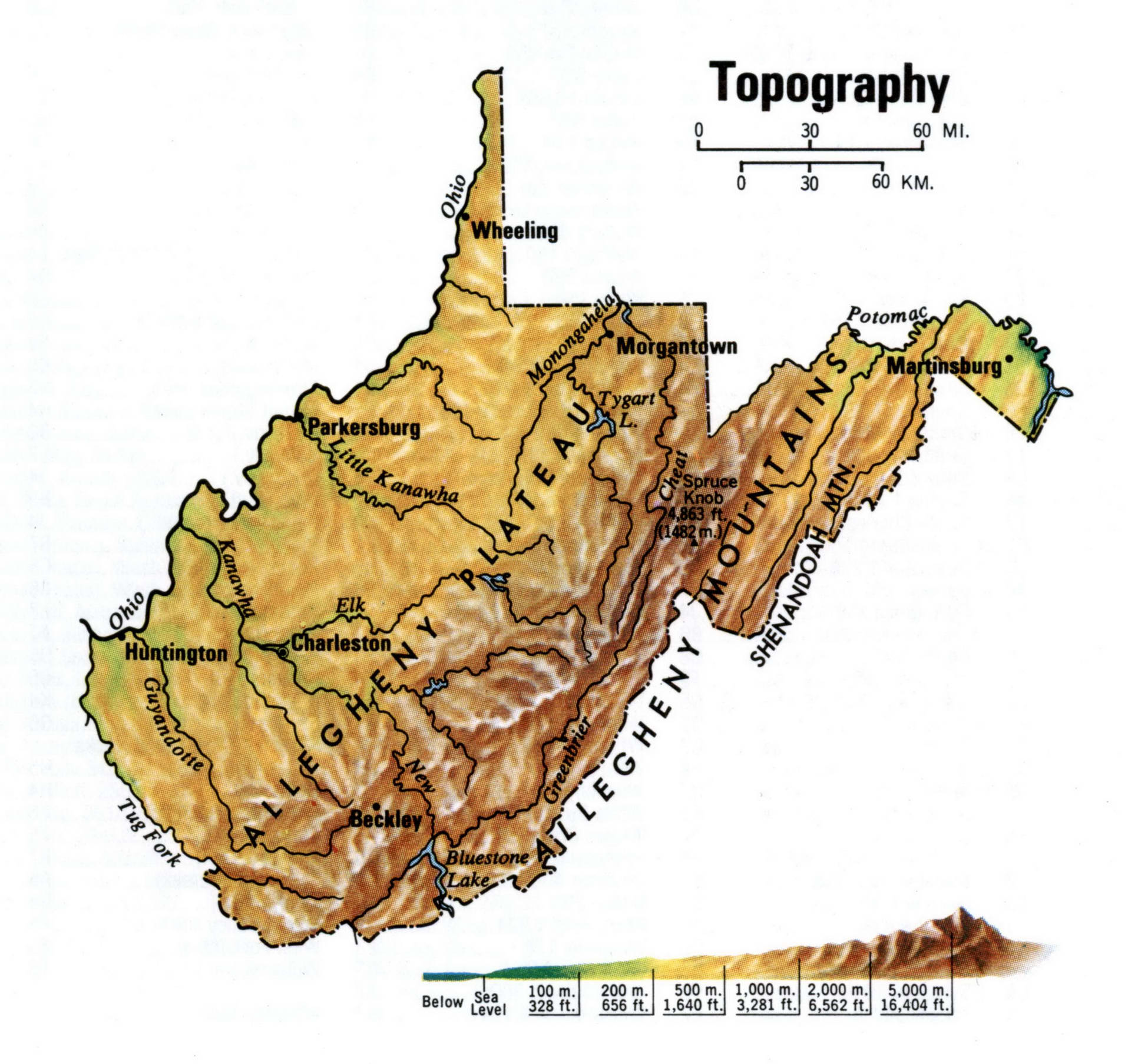 West Virginia topographical map. Topo map of West Virginia with terrain features. West Virginia topographical map. Topo map of West Virginia with terrain features.