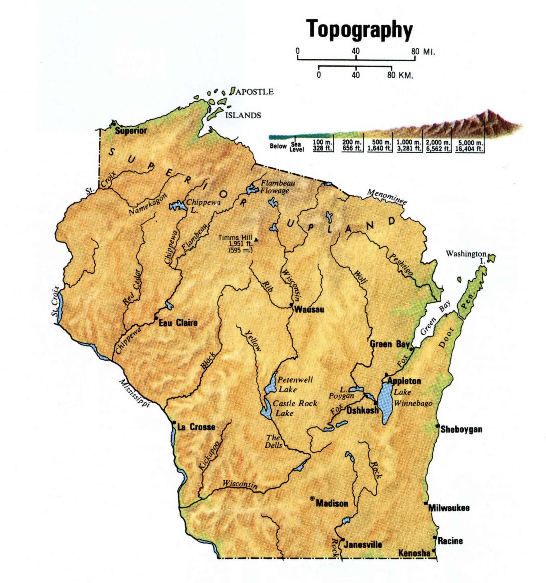 Wisconsin topographical map. Topo map of Wisconsin with terrain features. Wisconsin topographical map. Topo map of Wisconsin with terrain features.