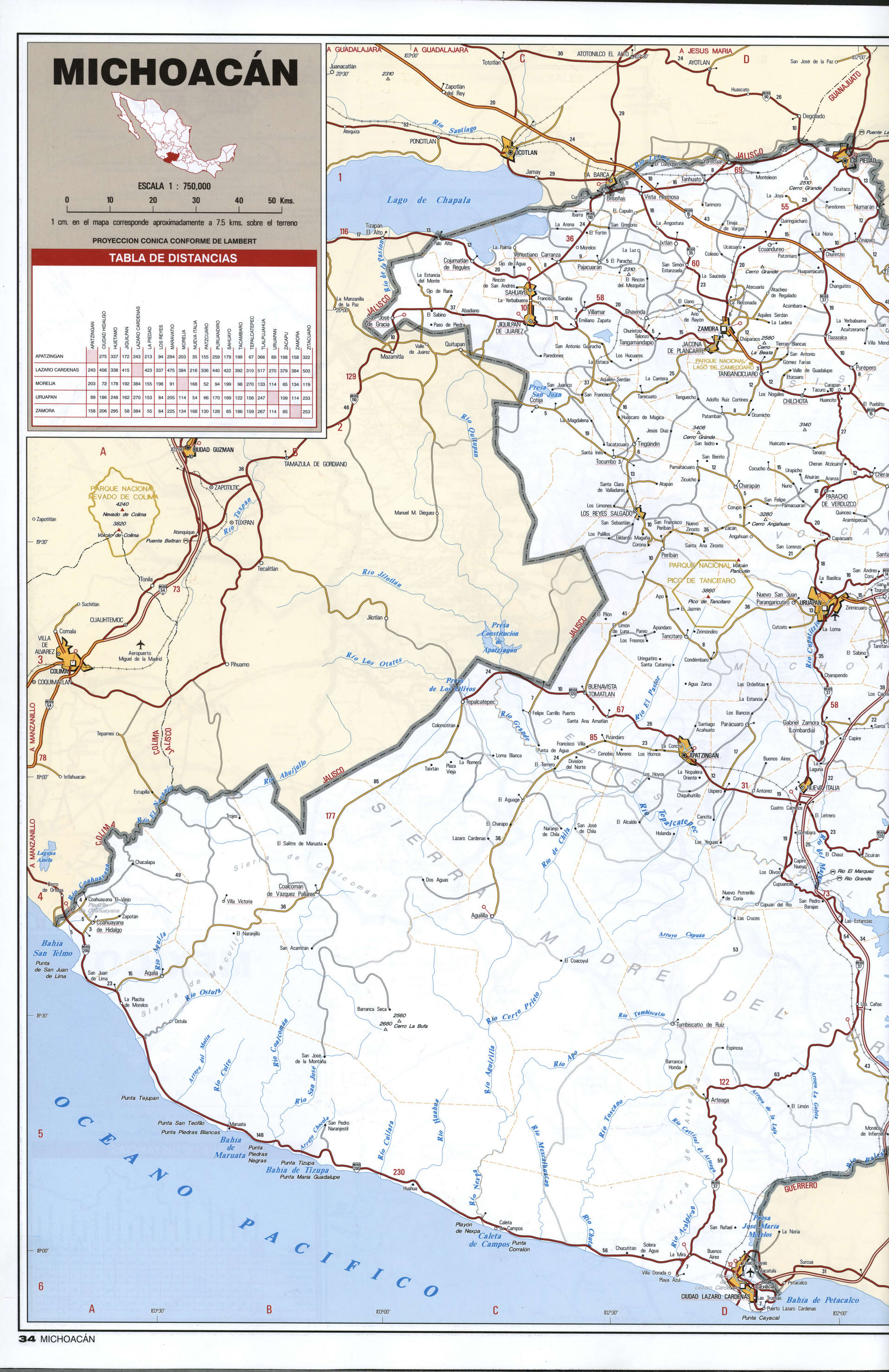 Michoacan state map western. Detailed map of the Mexican state of Michoacan with roads, cities, villages Michoacan state map western. Detailed map of the Mexican state of Michoacan with roads, cities, villages