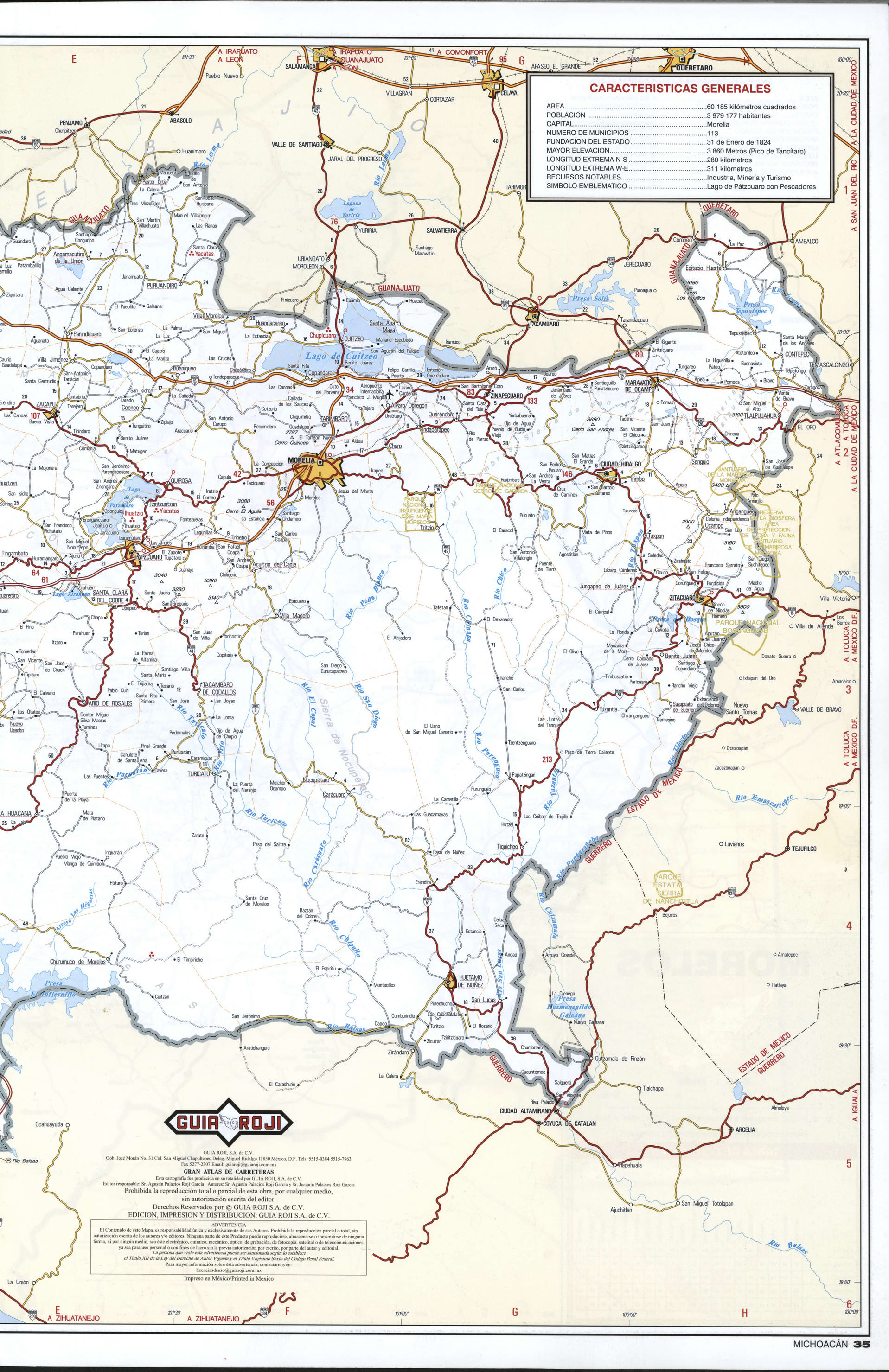 Michoacan state map eastern. Detailed map of the Mexican state of Michoacan with roads, cities, villages Michoacan state map eastern. Detailed map of the Mexican state of Michoacan with roads, cities, villages