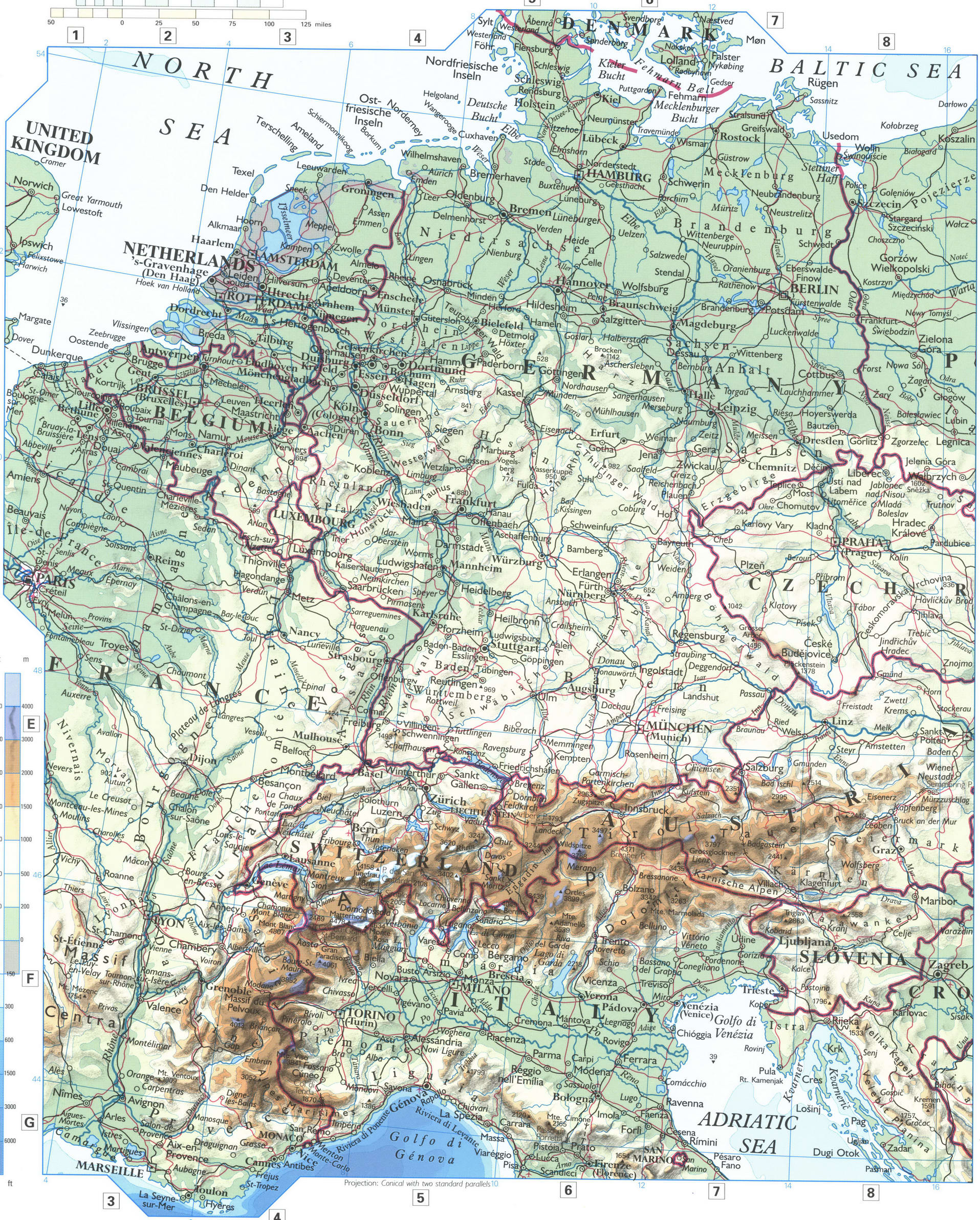 Central Europe map. Phisical map of France and Germany Central Europe map. Phisical map of France and Germany