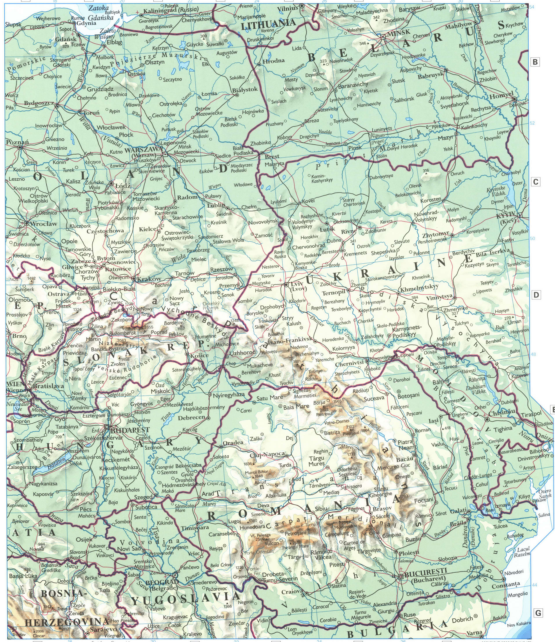 Central Europe physical map. Detailed map of Poland and Romania Central Europe physical map. Detailed map of Poland and Romania