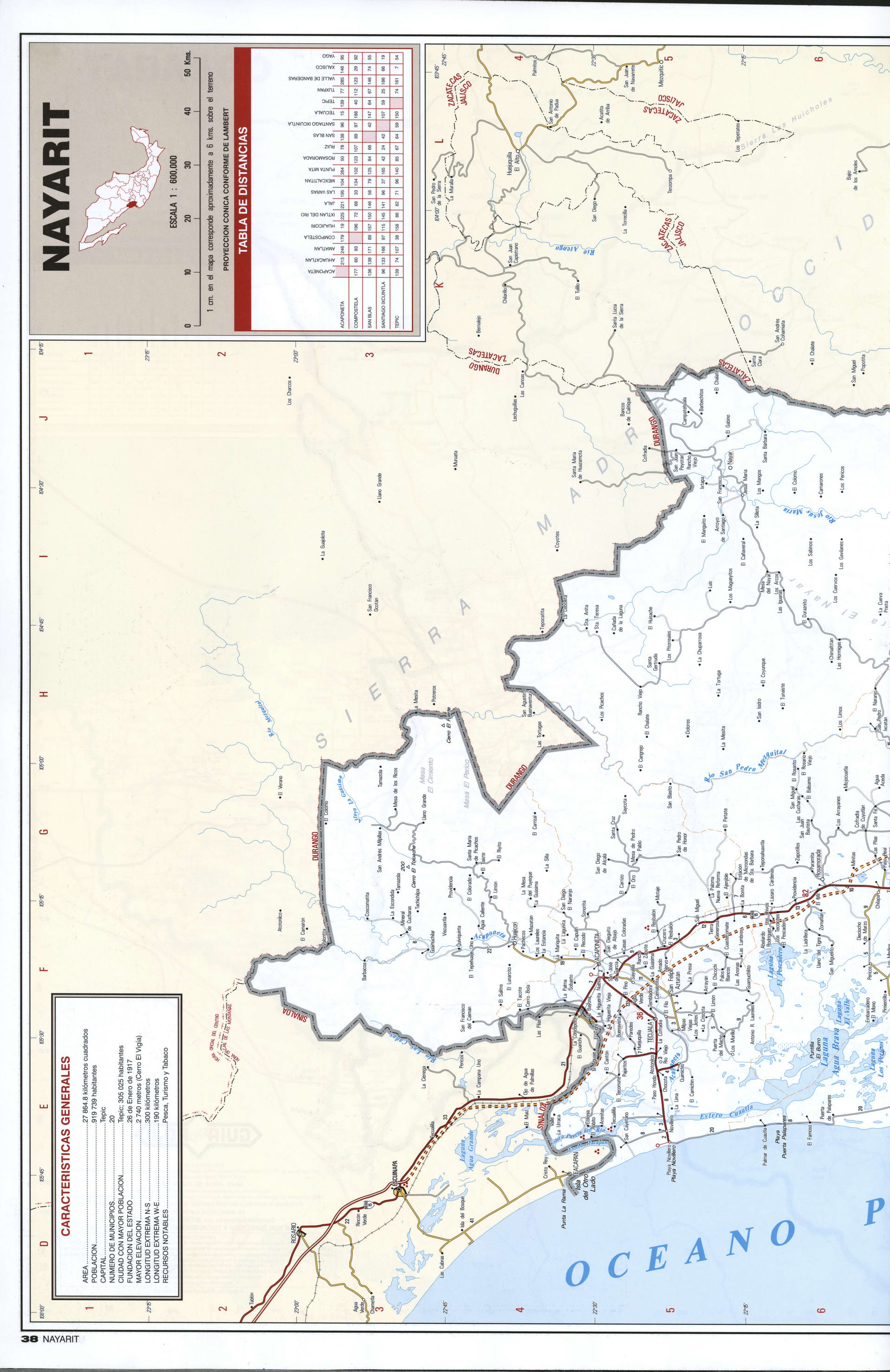 Nayarit state map northern. Detailed map of the Mexican state of Nayarit with roads, cities, villages Nayarit state map northern. Detailed map of the Mexican state of Nayarit with roads, cities, villages