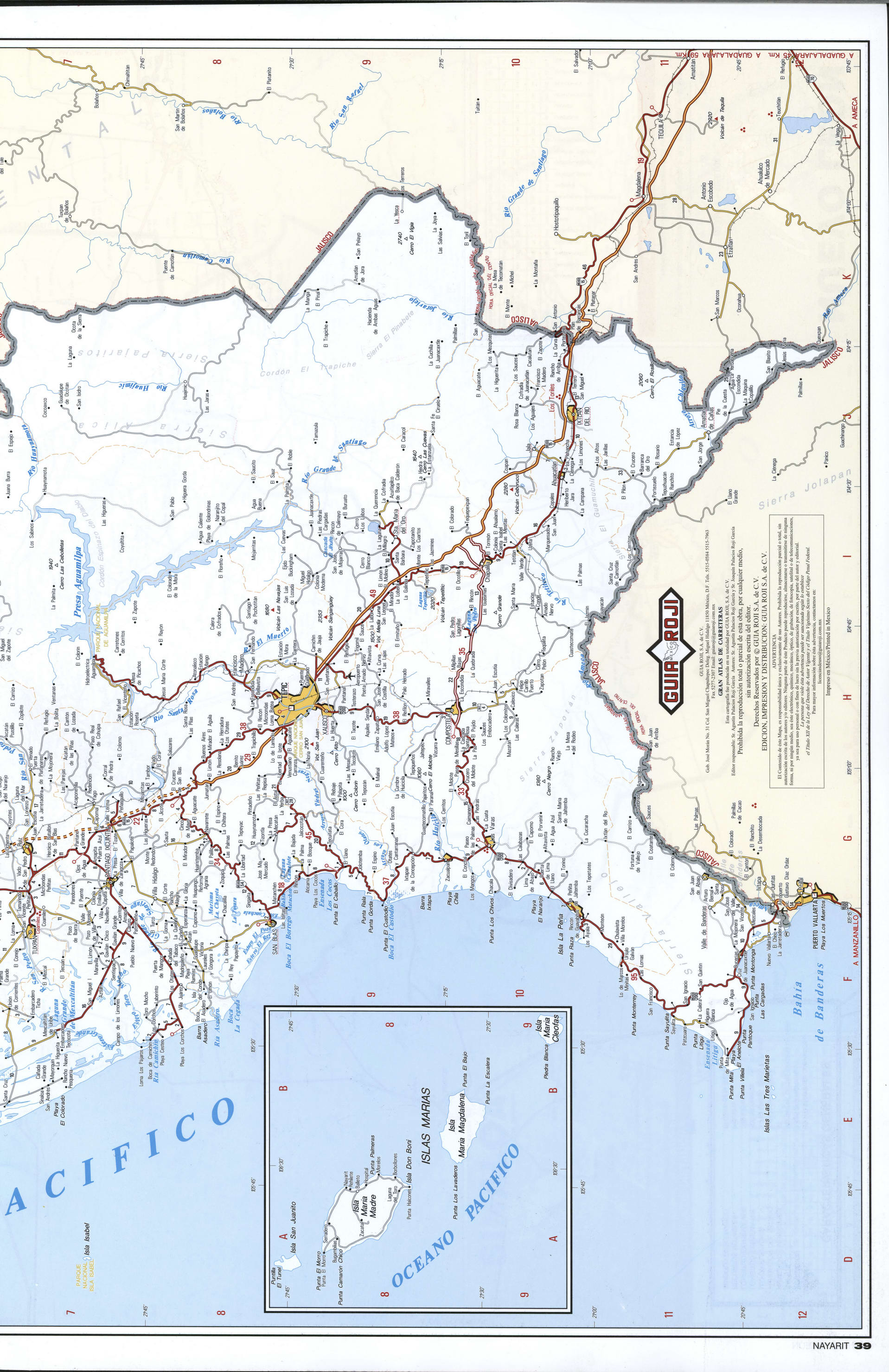 Nayarit state map southern. Detailed map of the Mexican state of Nayarit with roads, cities, villages Nayarit state map southern. Detailed map of the Mexican state of Nayarit with roads, cities, villages