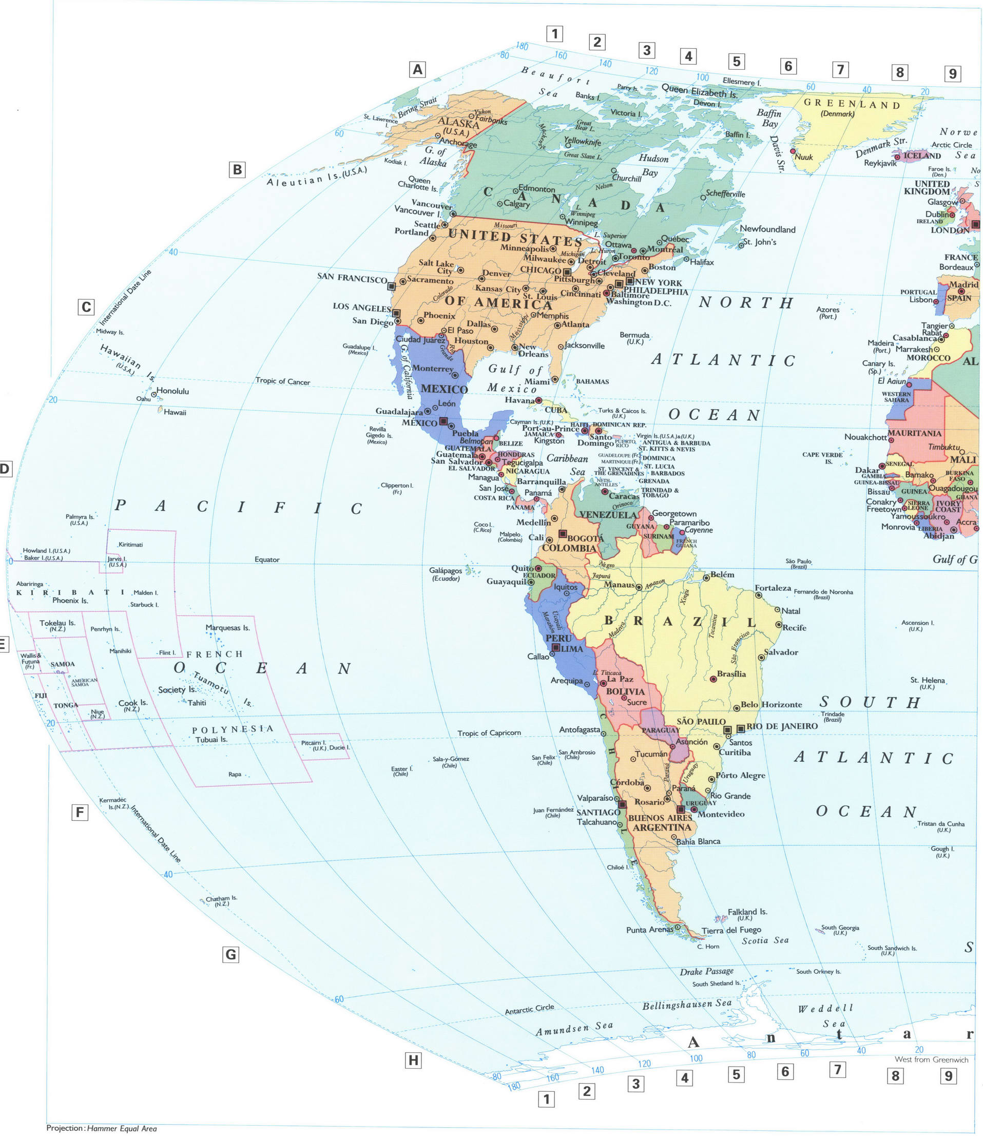 Map of the western hemisphere of the Earth