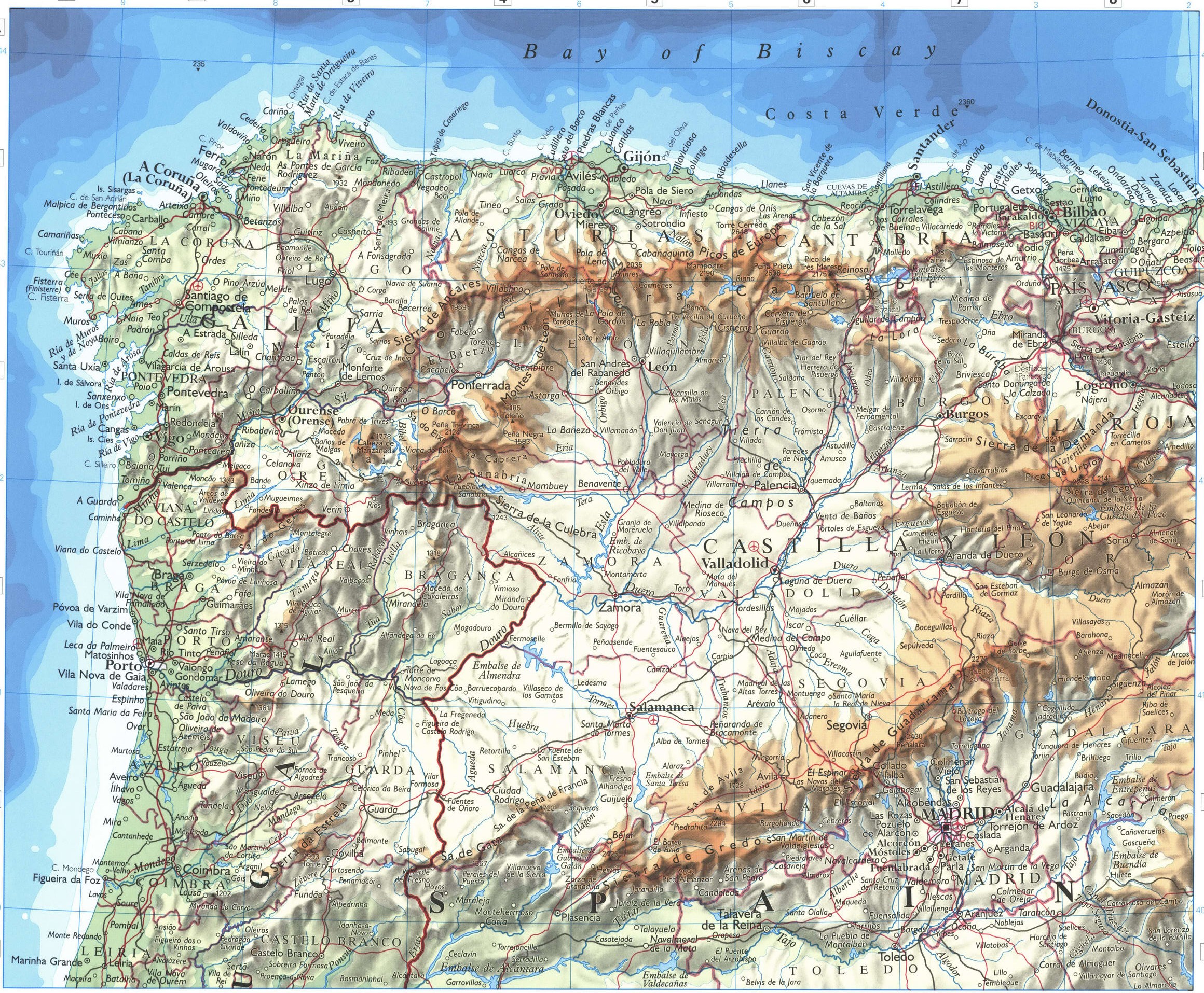 Western Spain and Portugal map. Detailed large-scale physical map of northern Spain Western Spain and Portugal map. Detailed large-scale physical map of northern Spain
