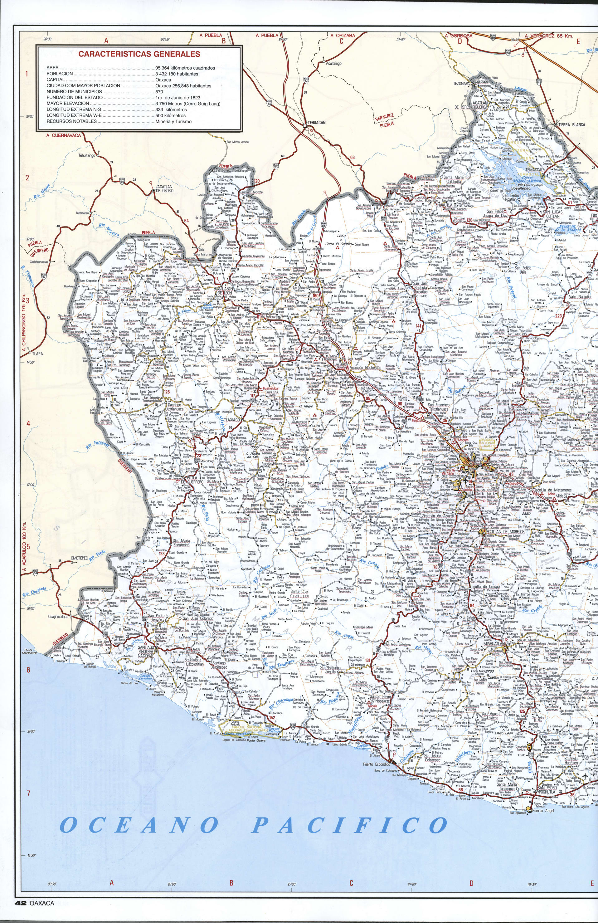 Oaxaca state map western. Detailed map of the Mexican state of Oaxaca with roads, cities, villages Oaxaca state map western. Detailed map of the Mexican state of Oaxaca with roads, cities, villages