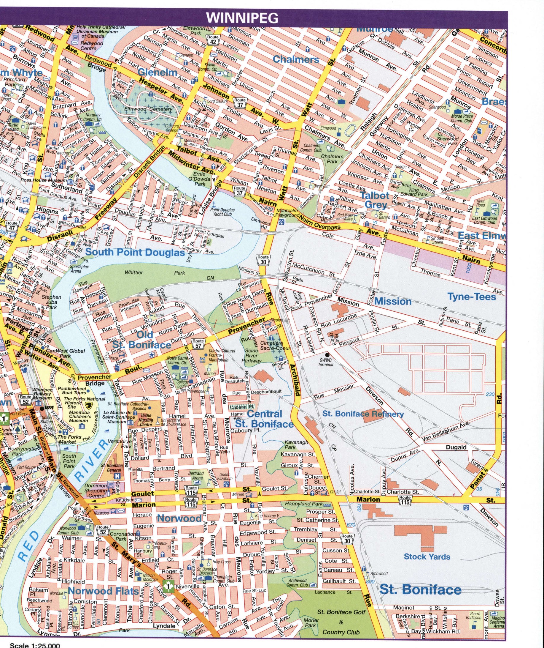 Winnipeg city map, Canada. Detailed map of city Winnipeg with all streets and roads Winnipeg city map, Canada. Detailed map of city Winnipeg with all streets and roads