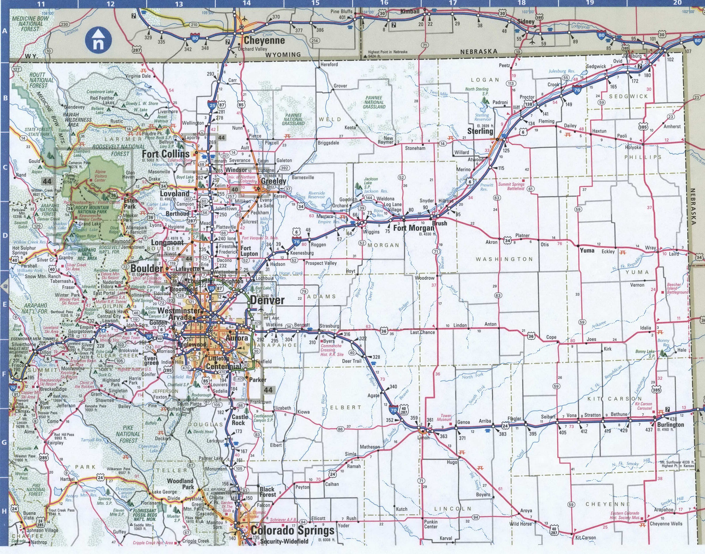 Colorado Eastern detailed road map. Detailed map of Colorado with road numbers and distances between cities. Colorado Eastern detailed road map. Detailed map of Colorado with road numbers and distances between cities.