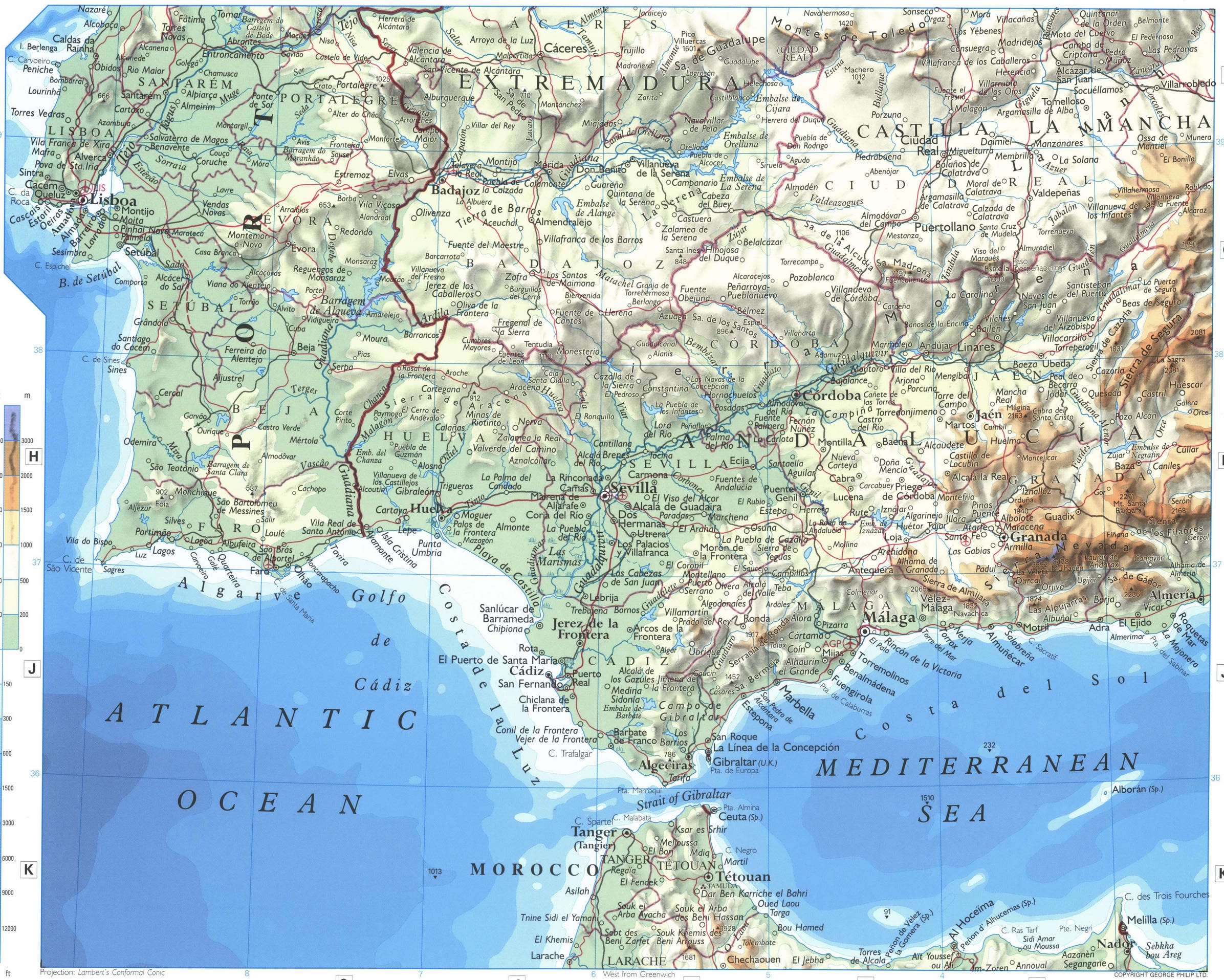Western Spain and Portugal map, Gibraltar. Detailed large-scale physical map of southern Spain Western Spain and Portugal map, Gibraltar. Detailed large-scale physical map of southern Spain