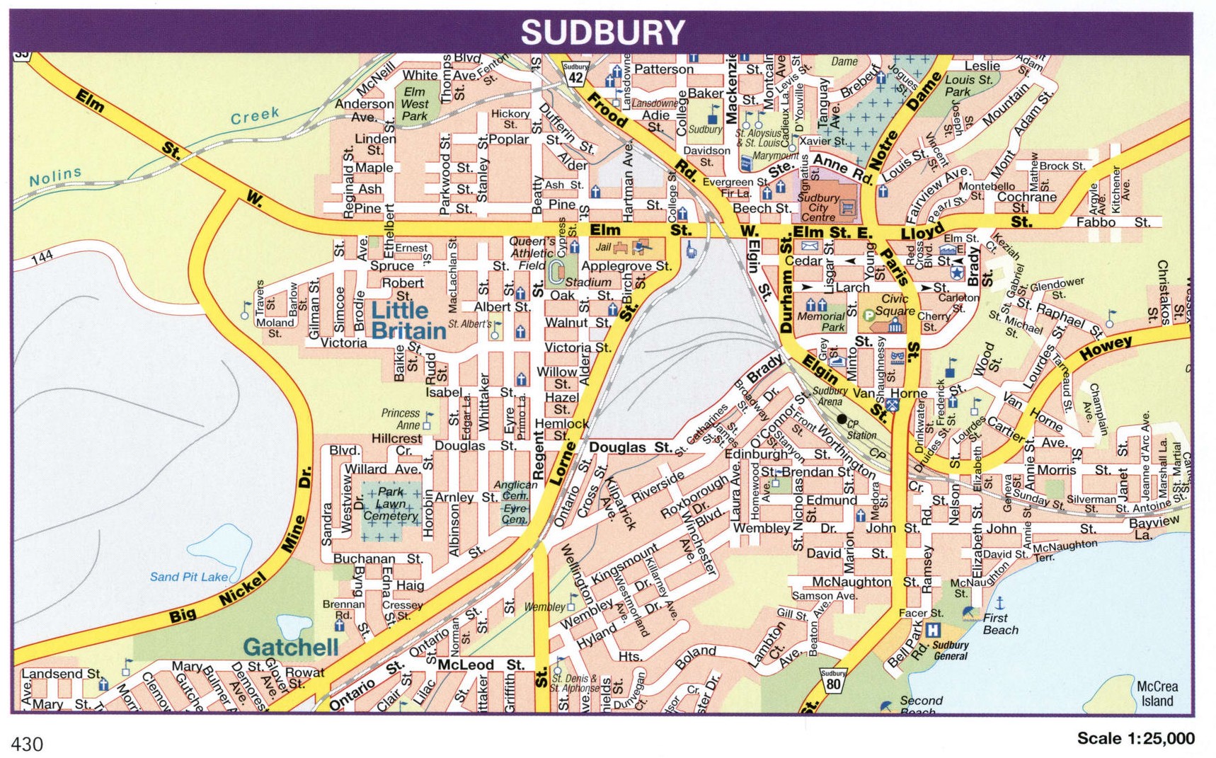 Sudbury city map. Detailed map of city Sudbury with all streets and roads Sudbury city map. Detailed map of city Sudbury with all streets and roads