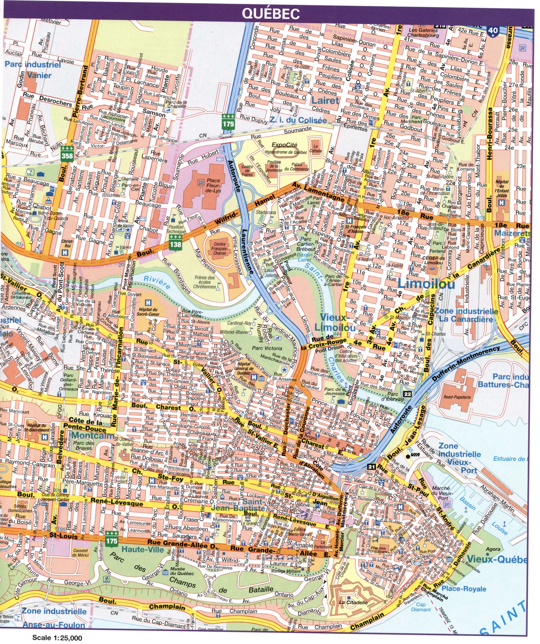 Quebec city map, Canada. Detailed map of city Quebec with all streets and roads Quebec city map, Canada. Detailed map of city Quebec with all streets and roads