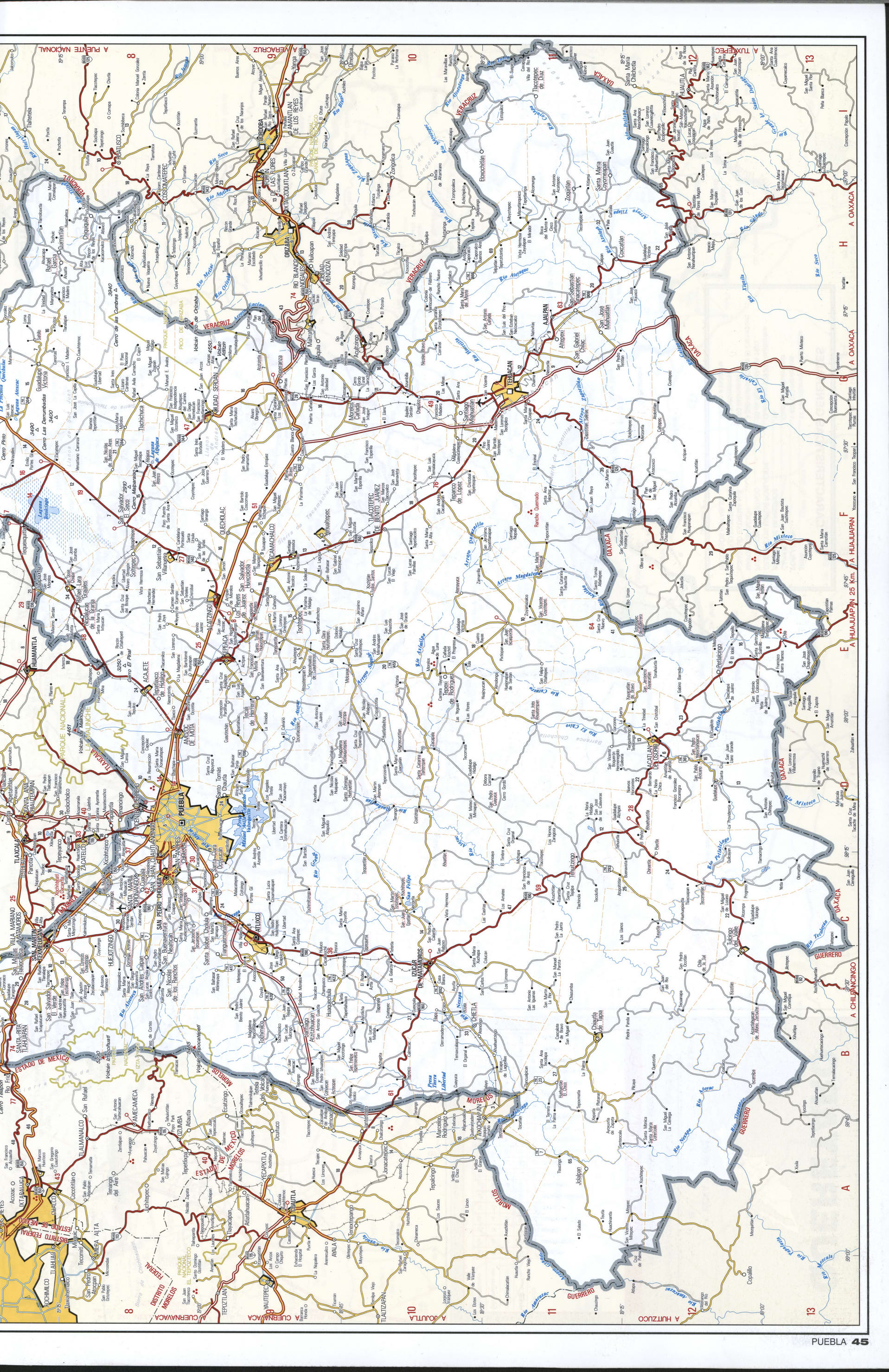 Puebla state map southern. Detailed map of the Mexican state of Puebla with roads, cities, villages Puebla state map southern. Detailed map of the Mexican state of Puebla with roads, cities, villages