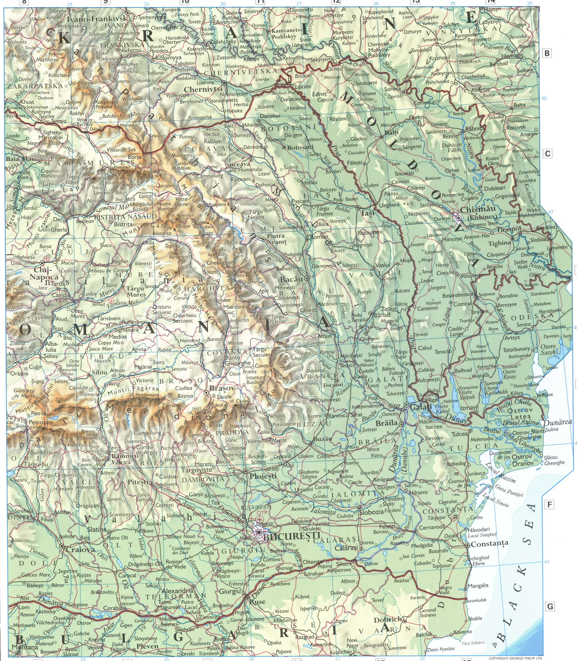 Hungary and Romania physical map. Detailed geographical map of Romania and Moldova with cities and borders Hungary and Romania physical map. Detailed geographical map of Romania and Moldova with cities and borders