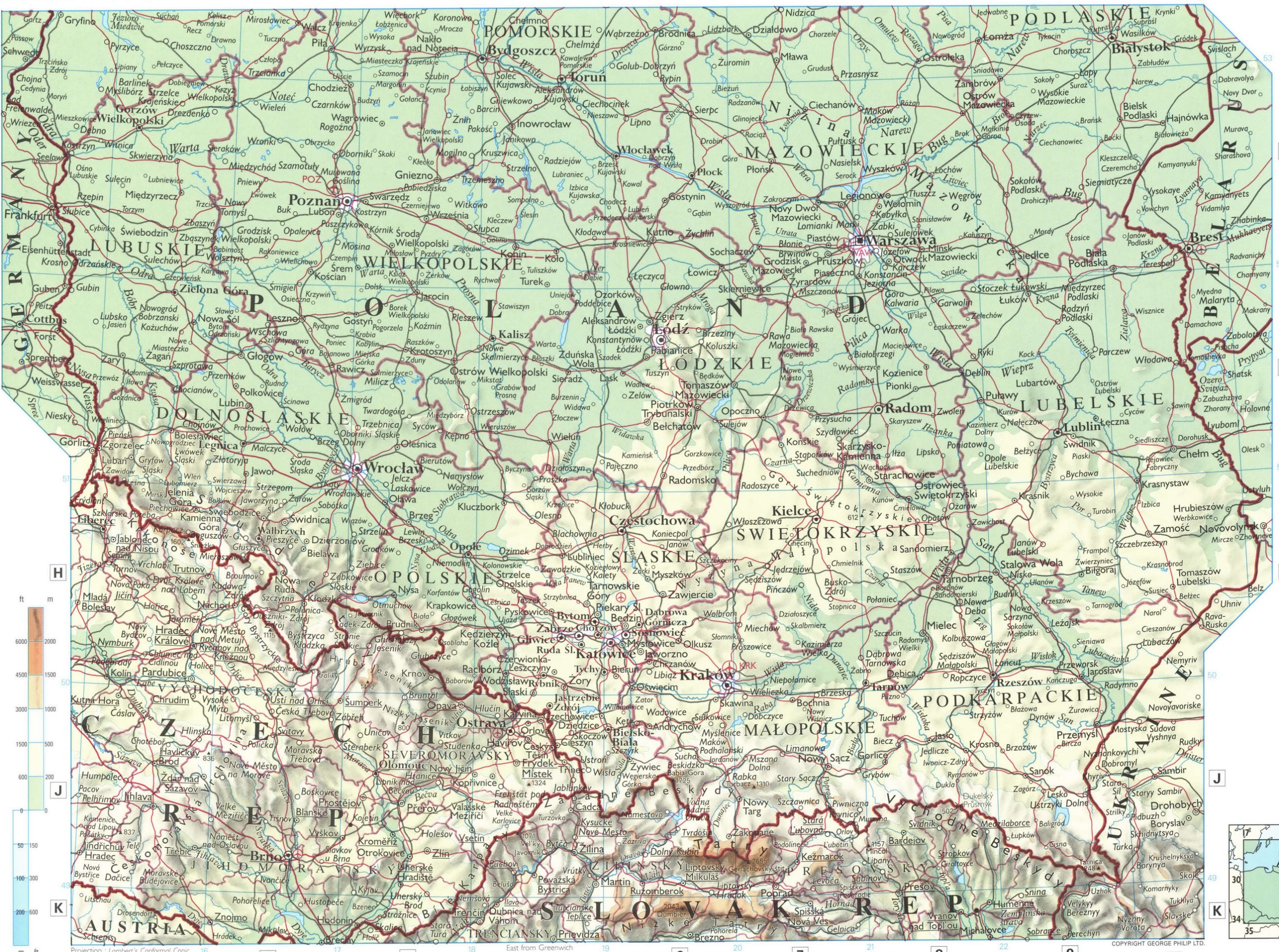 Poland map. Detailed large-scale physical map of southern Poland Poland map. Detailed large-scale physical map of southern Poland