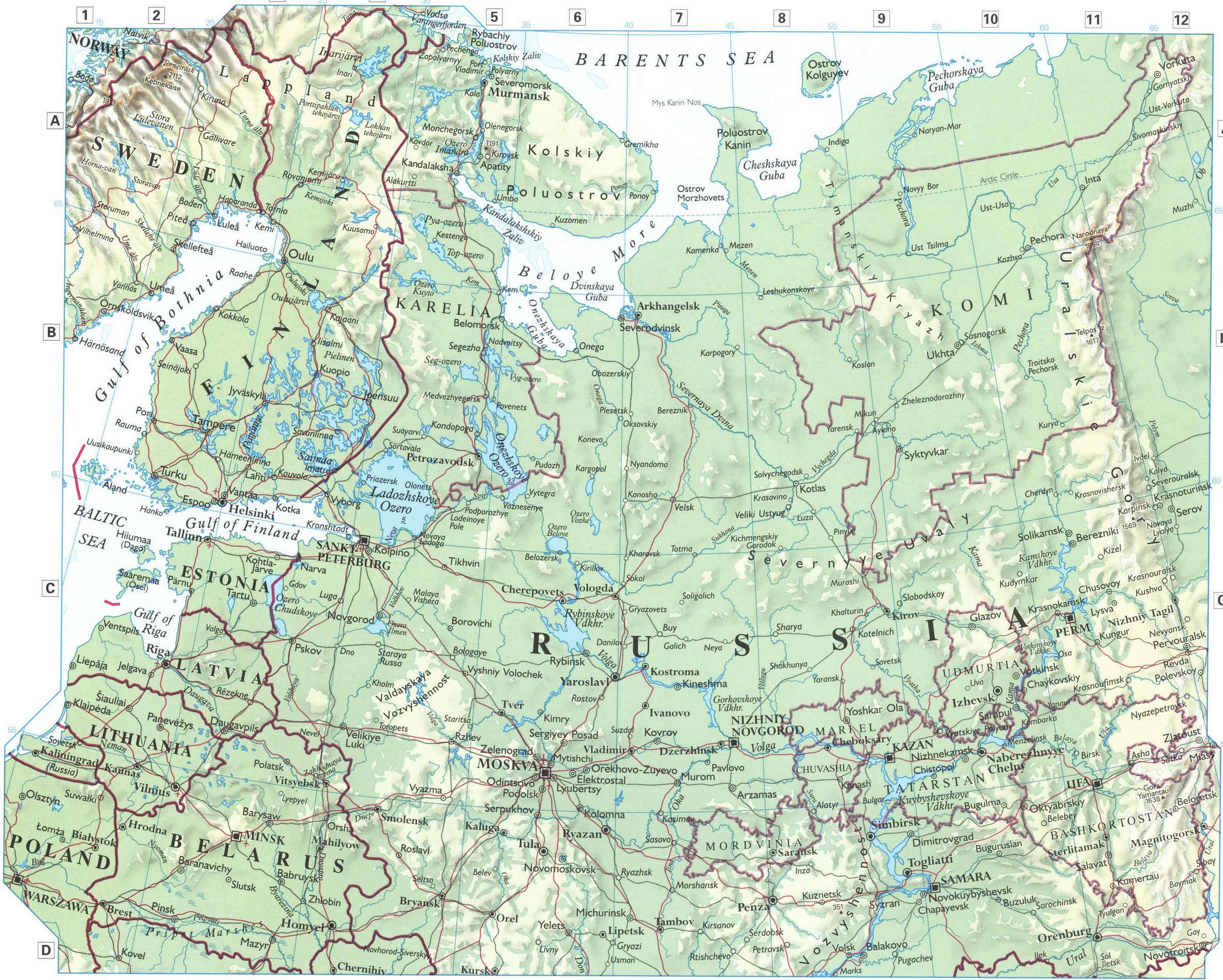 European Russia map. Detailed physical map of European Russia with cities and roads European Russia map. Detailed physical map of European Russia with cities and roads