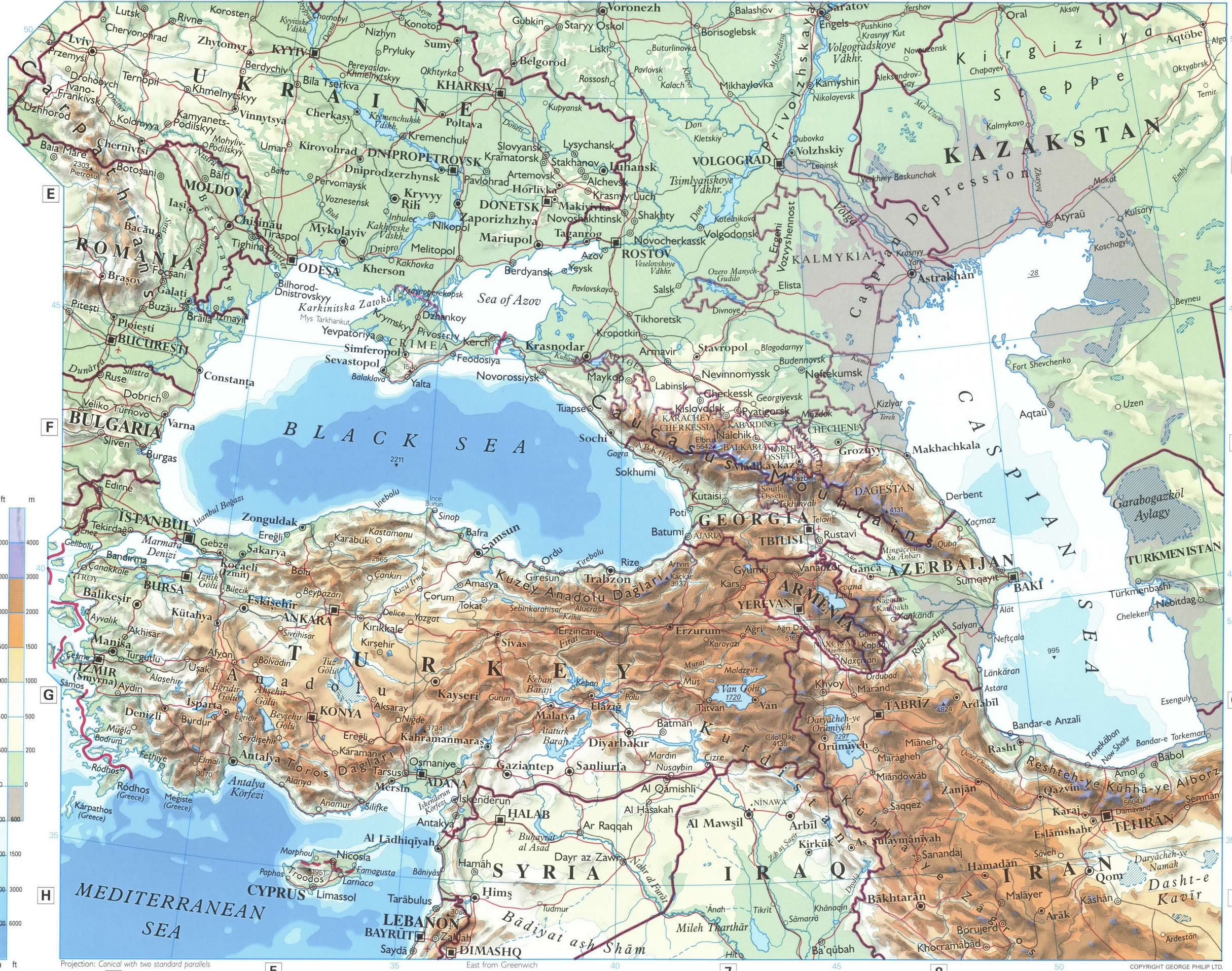 European Russia and Turkey map. Detailed physical map of European Russia with cities and roads European Russia and Turkey map. Detailed physical map of European Russia with cities and roads