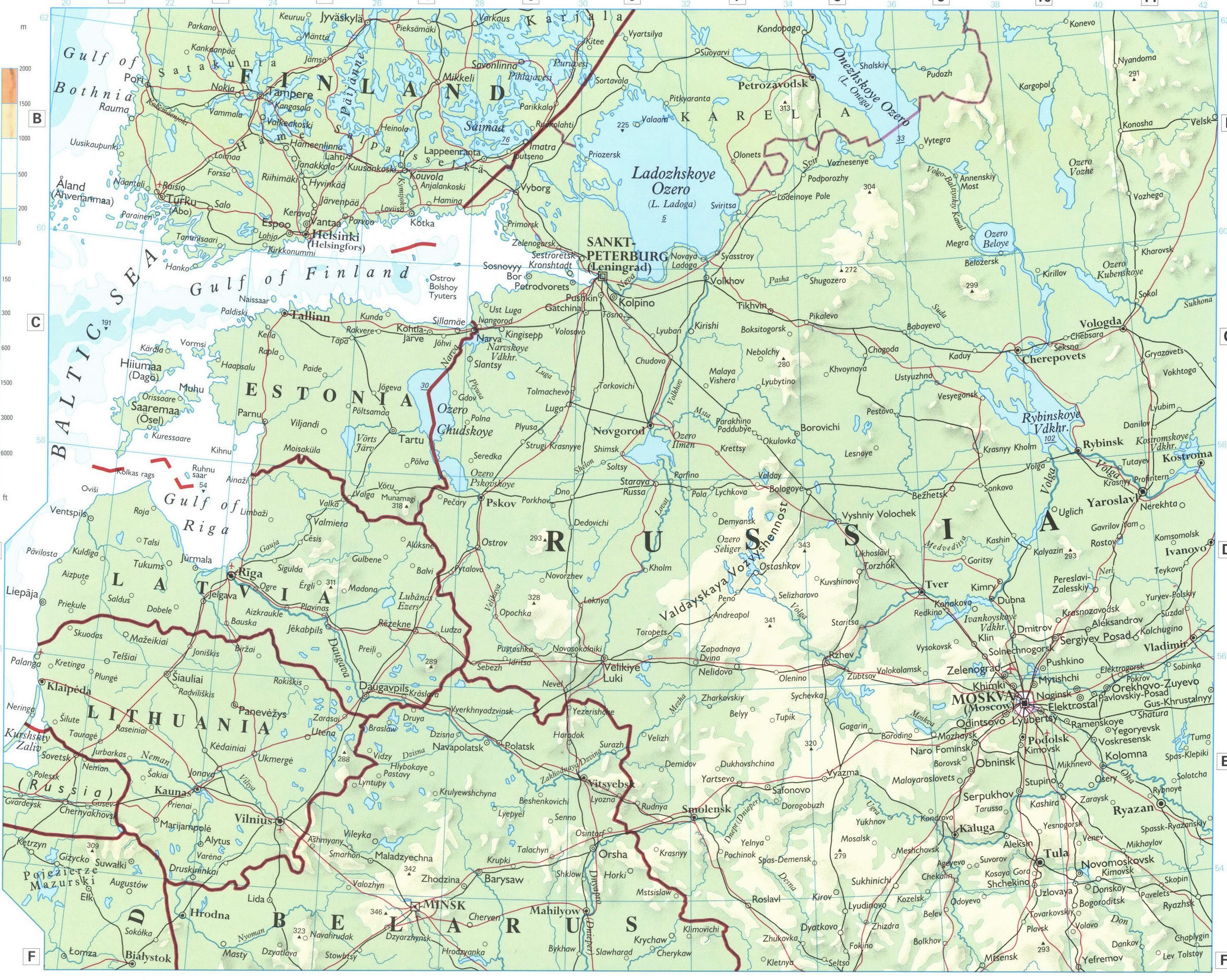 Baltic states map. Phisical map of Estonia, Latvia, Lithuania. Detailed physical map of the western part of Russia Baltic states map. Phisical map of Estonia, Latvia, Lithuania. Detailed physical map of the western part of Russia