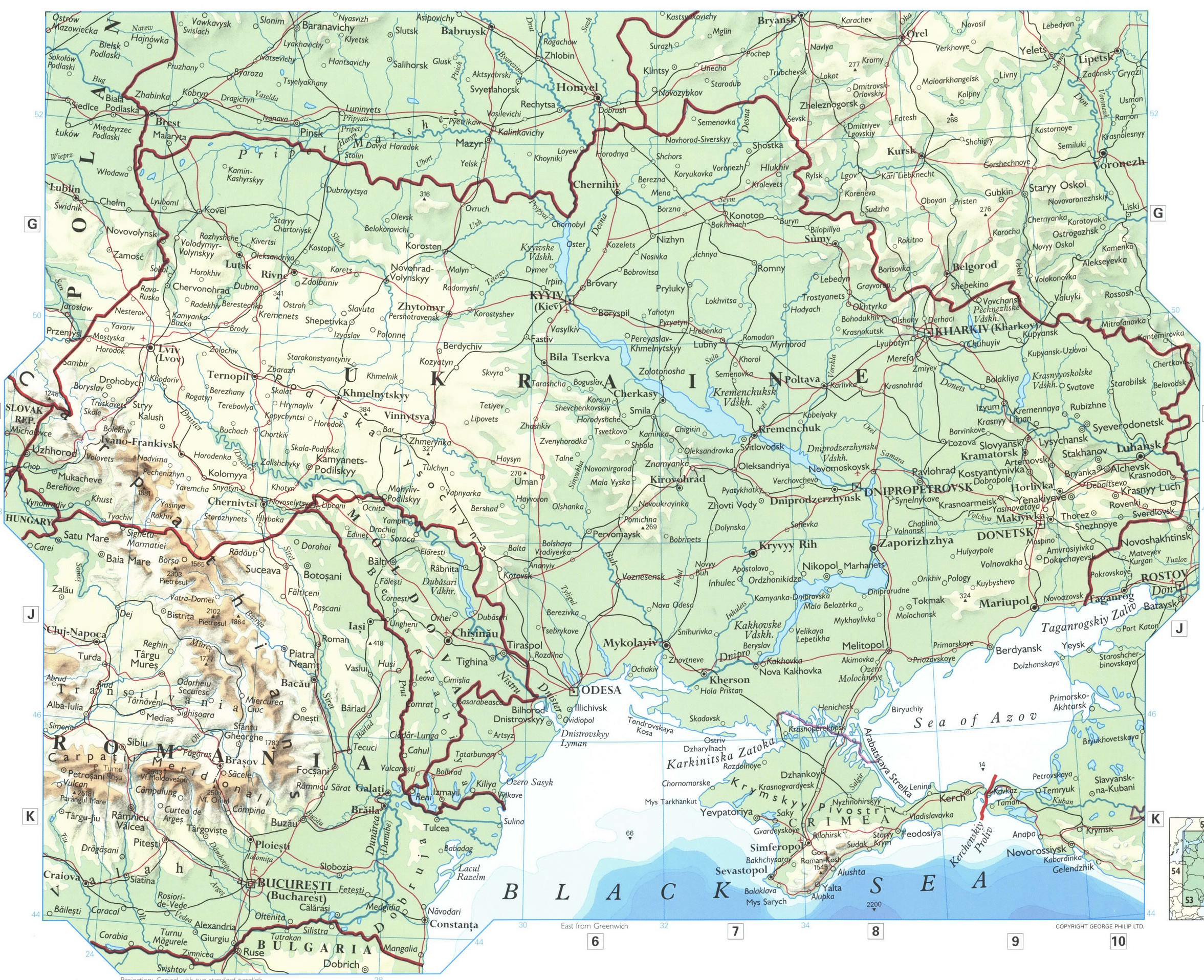 Ukraine map. Phisical map of Romania and Ukraine Ukraine map. Phisical map of Romania and Ukraine