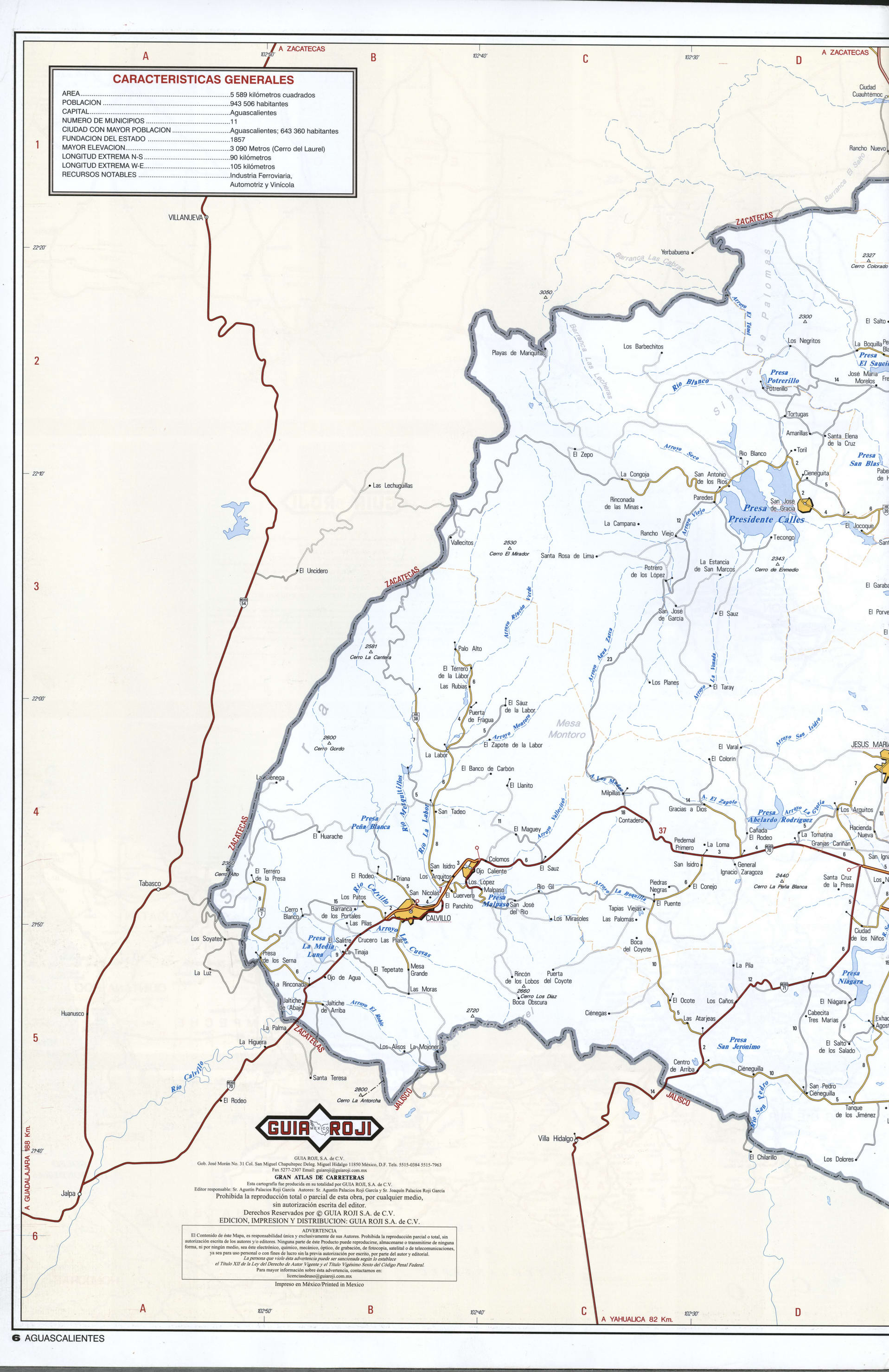 Aguascalientes state map west. Detailed map of the Mexican state of Aguascalientes with roads, cities, villages Aguascalientes state map west. Detailed map of the Mexican state of Aguascalientes with roads, cities, villages