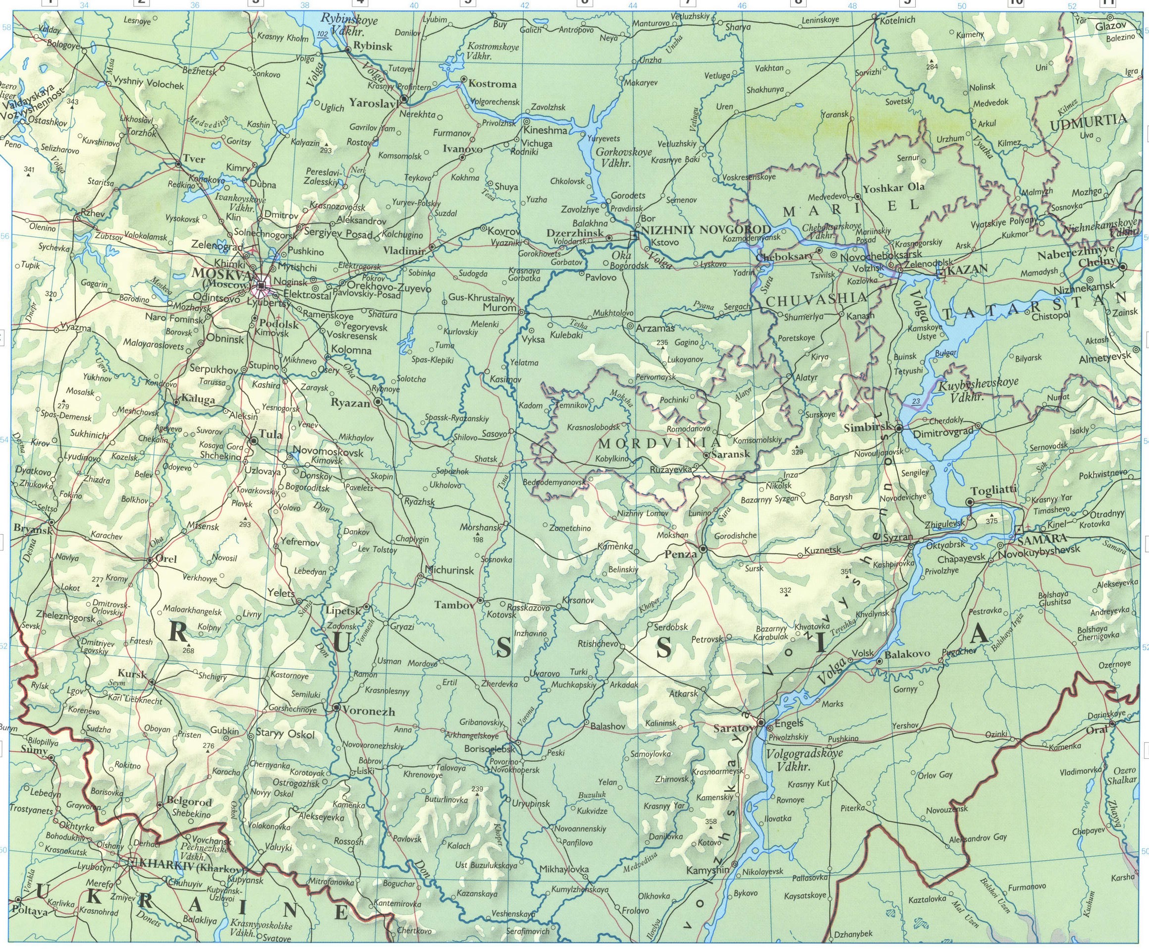 Volga basin map. Detailed physical map of the Volga region with cities and roads Volga basin map. Detailed physical map of the Volga region with cities and roads