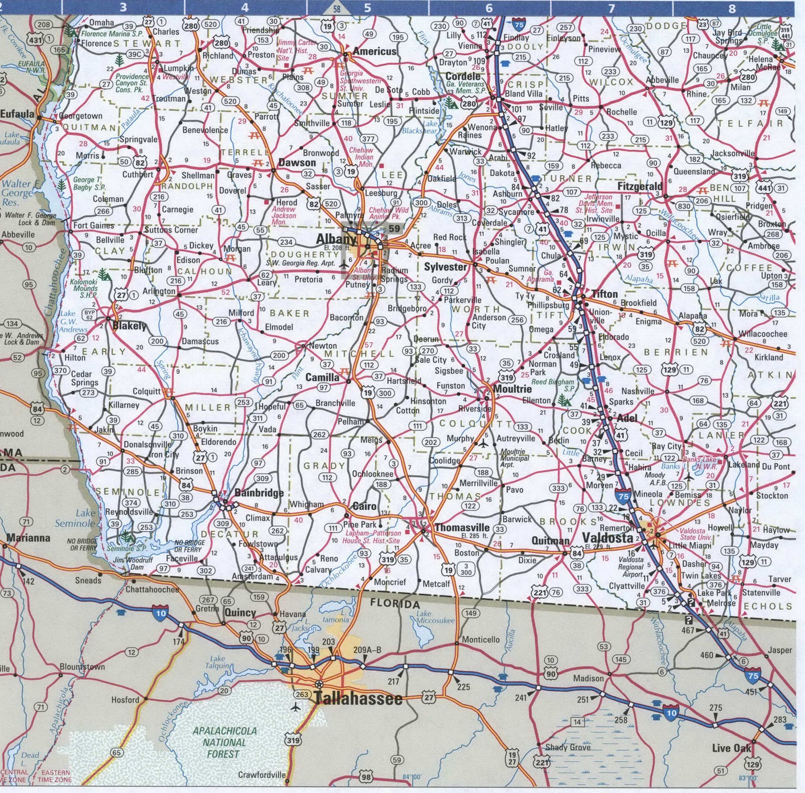 Southern Georgia map. Detailed map of all roads in Southern Georgia with distances between cities and towns. South Georgia map. Detailed map of all roads in Southern Georgia with distances between cities and towns.