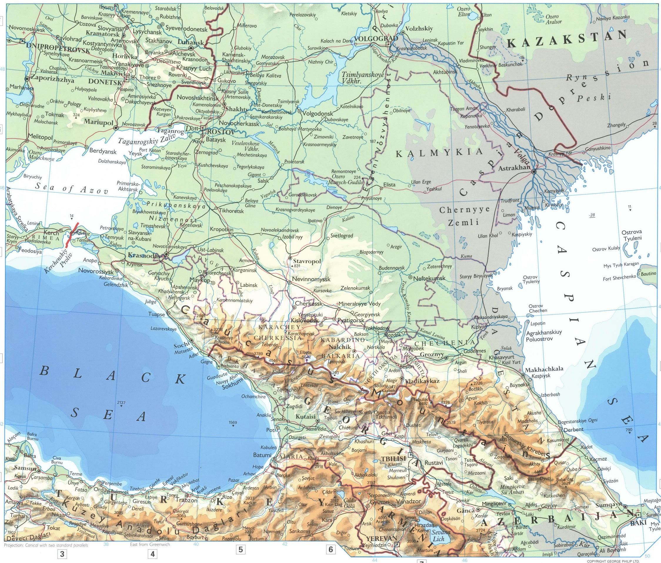 Volga and Caucasus map. Detailed physical map of the Caucasus Mountains Volga and Caucasus map. Detailed physical map of the Caucasus Mountains