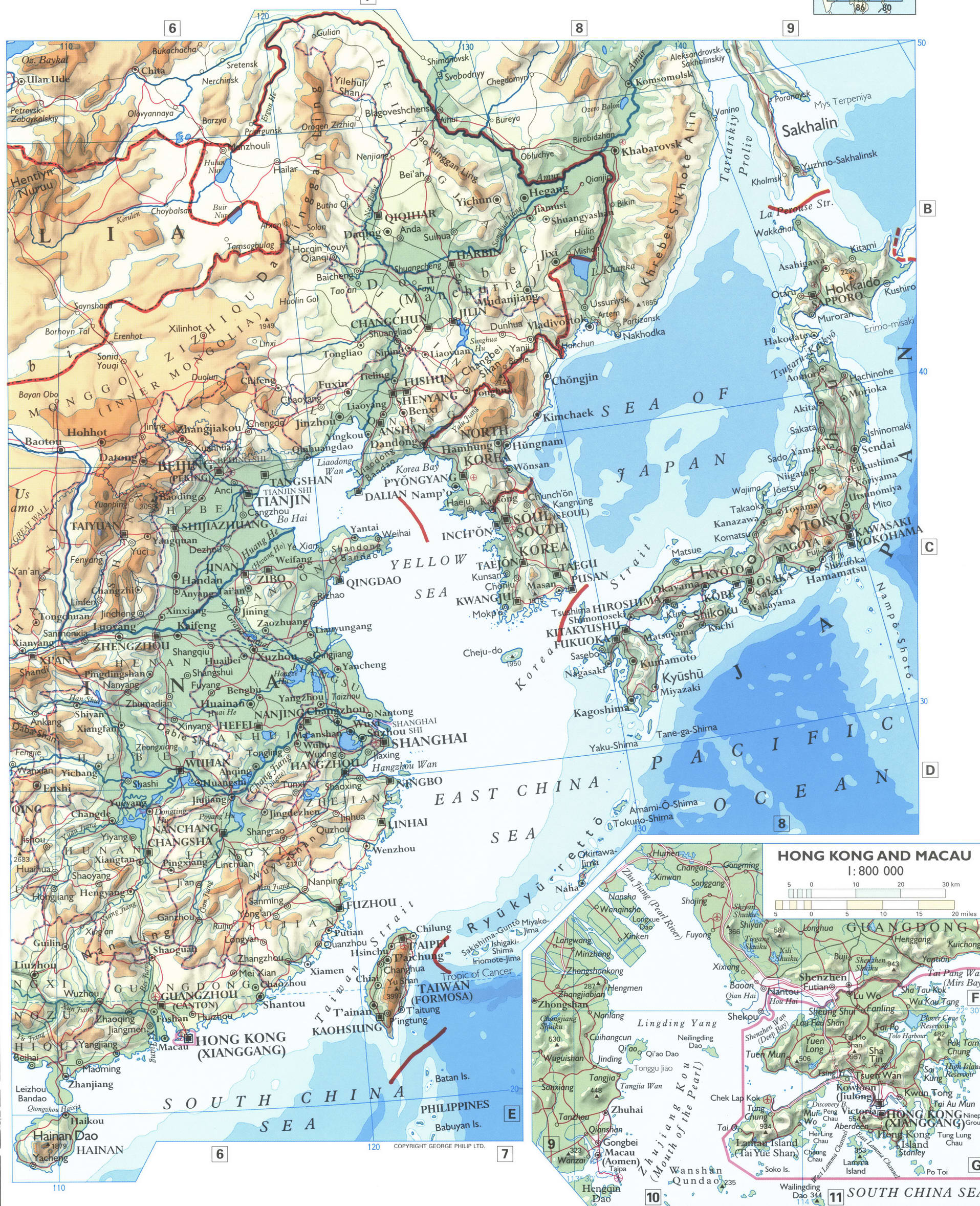 China and Far East physical map. Phisical map of east China and Far East China and Far East physical map. Phisical map of east China and Far East