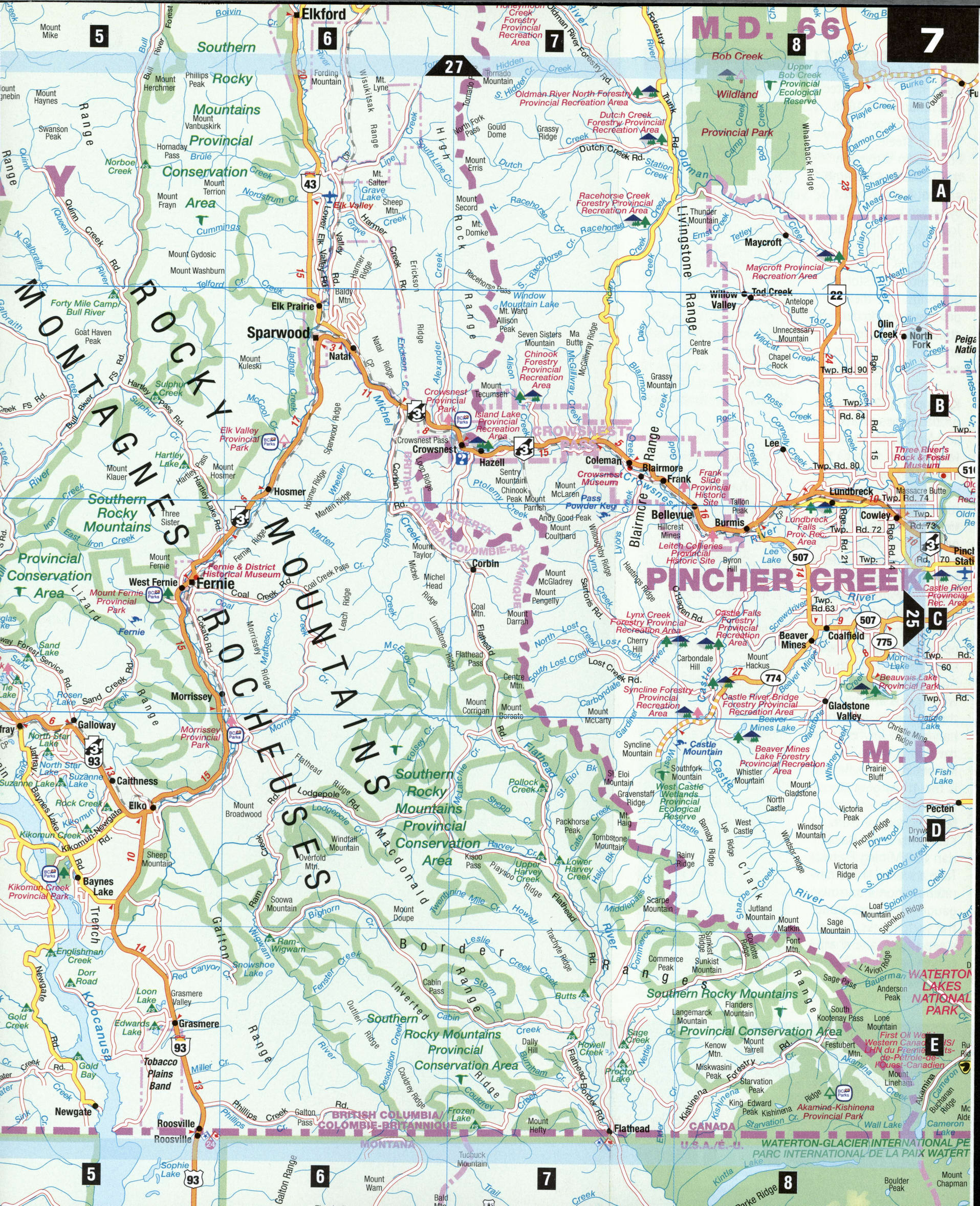 Pincher Creek Alberta map. Detailed map of Pincher Creek with roads, villages, names of rivers and streams, mountains and hills. Pincher Creek Alberta map. Detailed map of Pincher Creek with roads, villages, names of rivers and streams, mountains and hills.