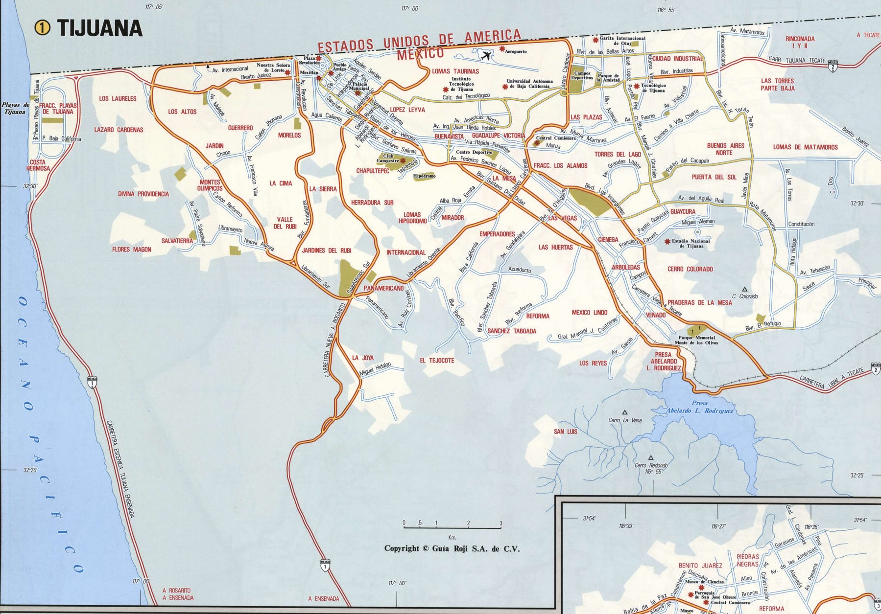 Tijuana city map. Detailed map of Tijuana with streets, roads, and public places. Tijuana city map. Detailed map of Tijuana with streets, roads, and public places.