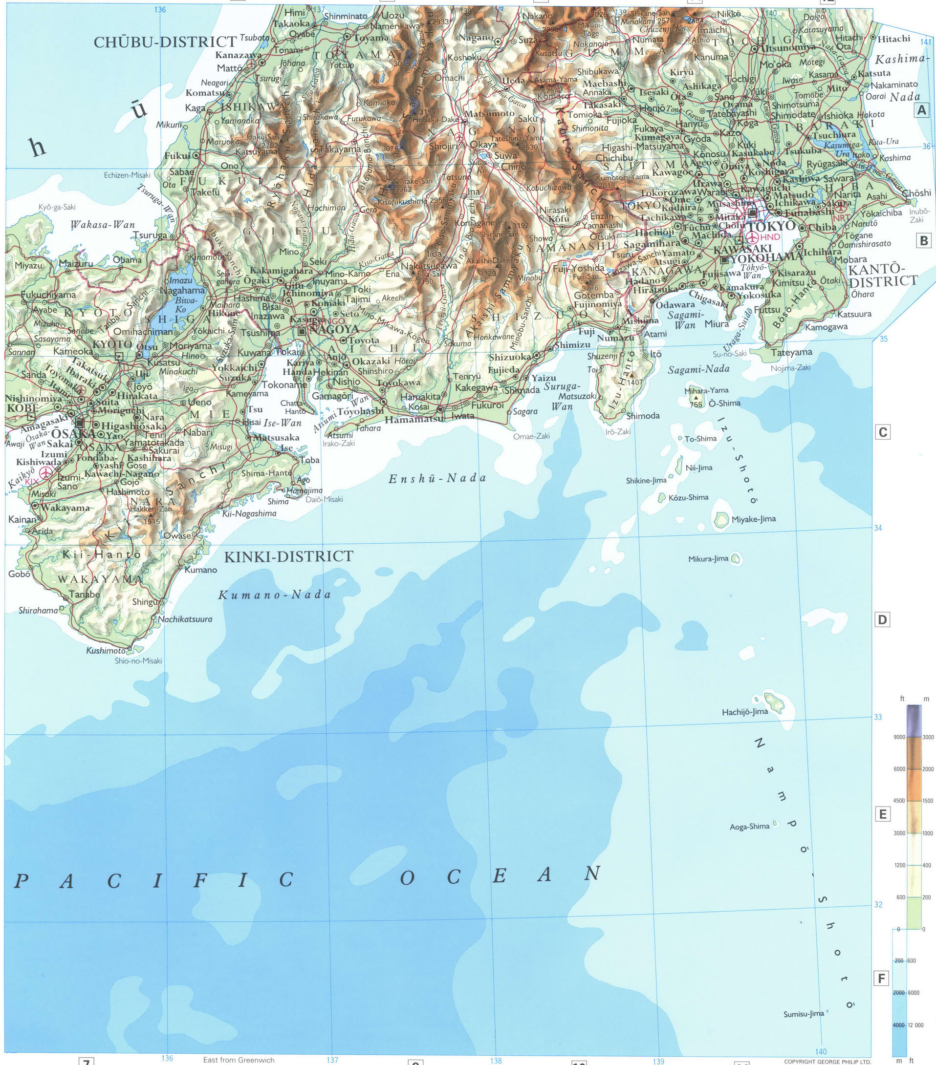 Southern Japan physical map