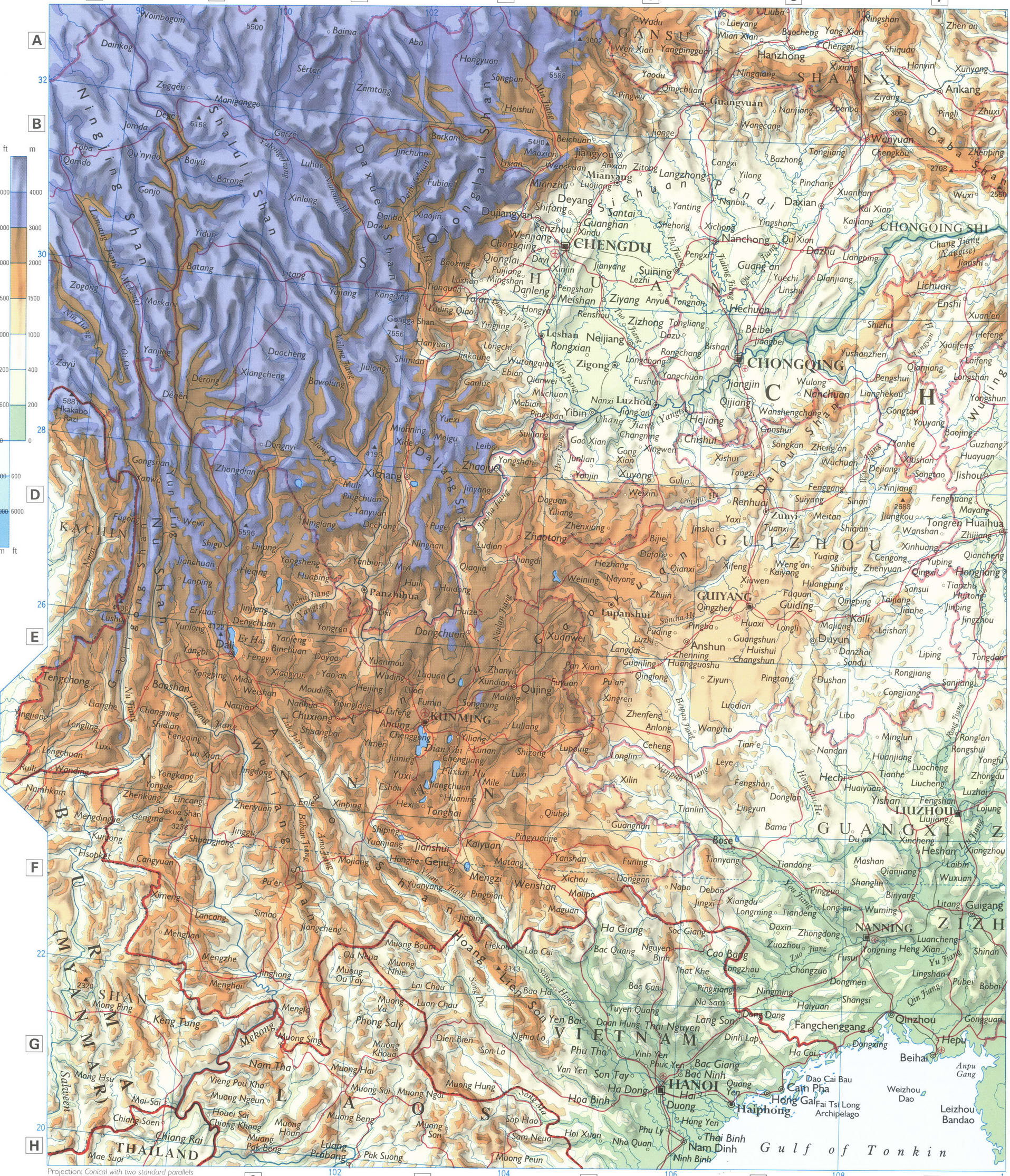 Southwestern China map. Phisical map of southwest China Southwestern China map. Phisical map of southwest China